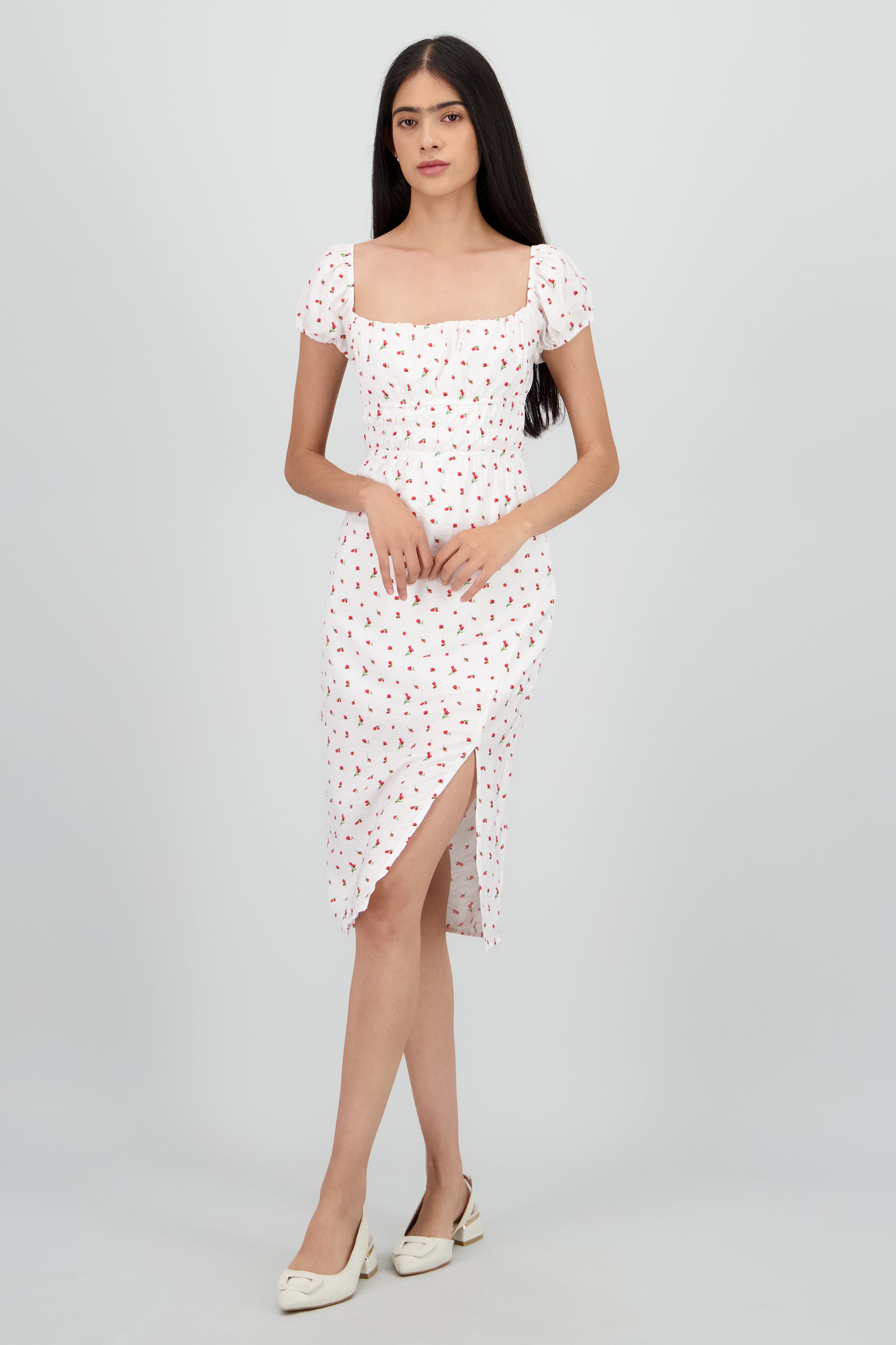 Vestido midi textura flores ROJO COMBO