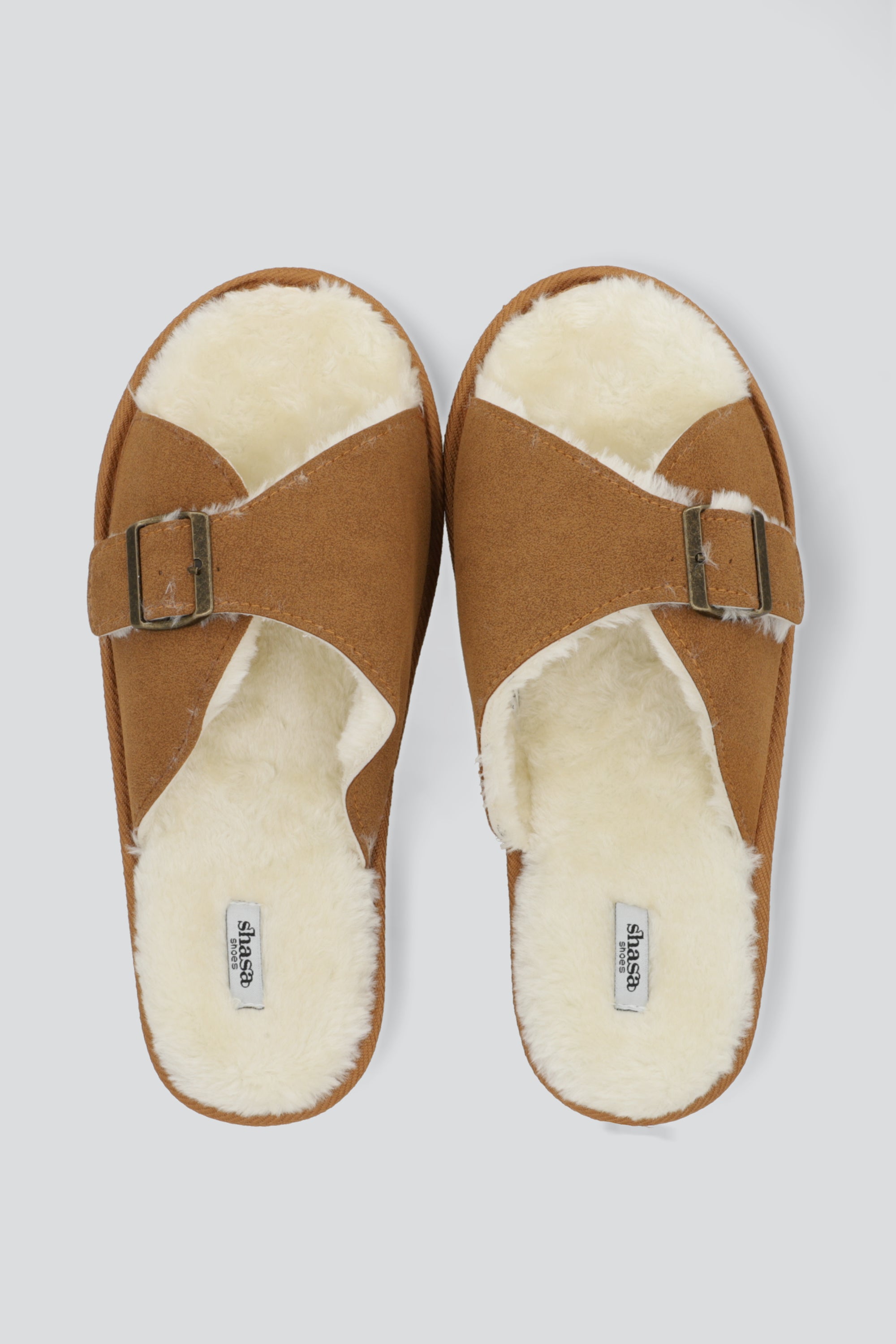 Pantufla tira ancha hebilla forro peluche CAMELLO