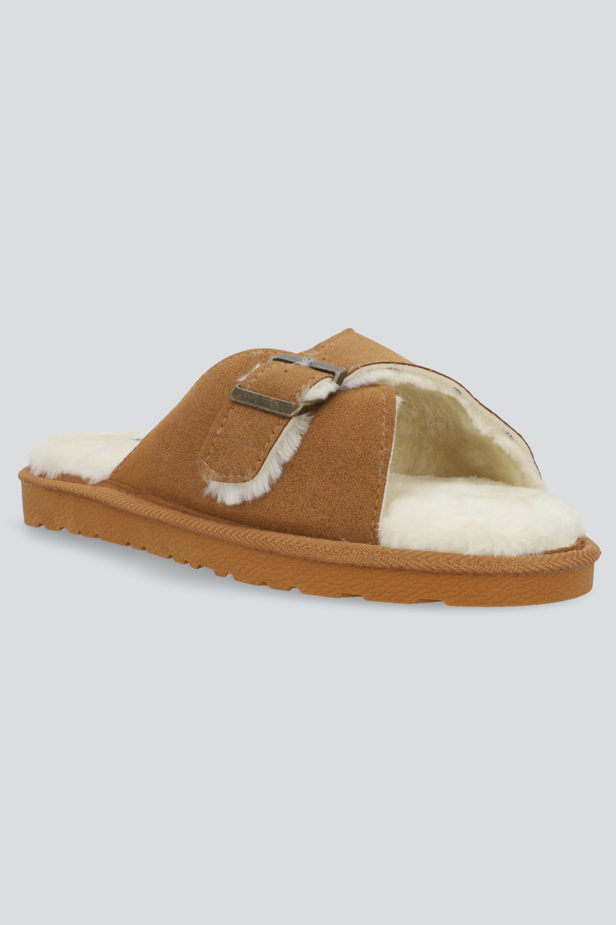 Pantufla tira ancha hebilla forro peluche CAMELLO