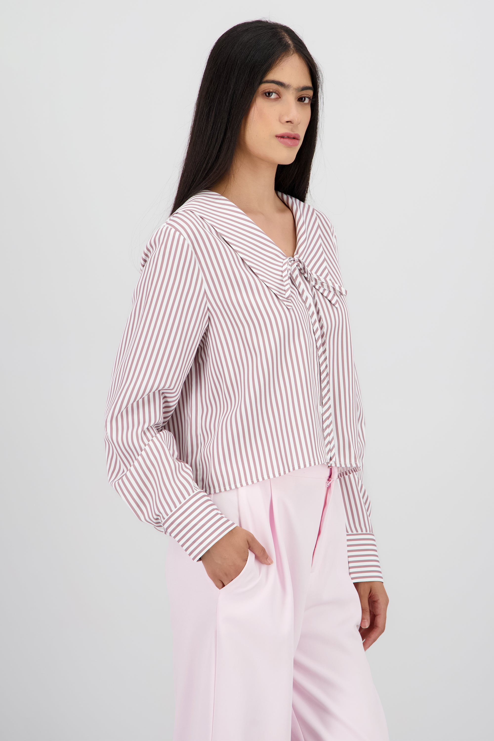 Blusa cuello bobo estampado rayas VINO COMBO