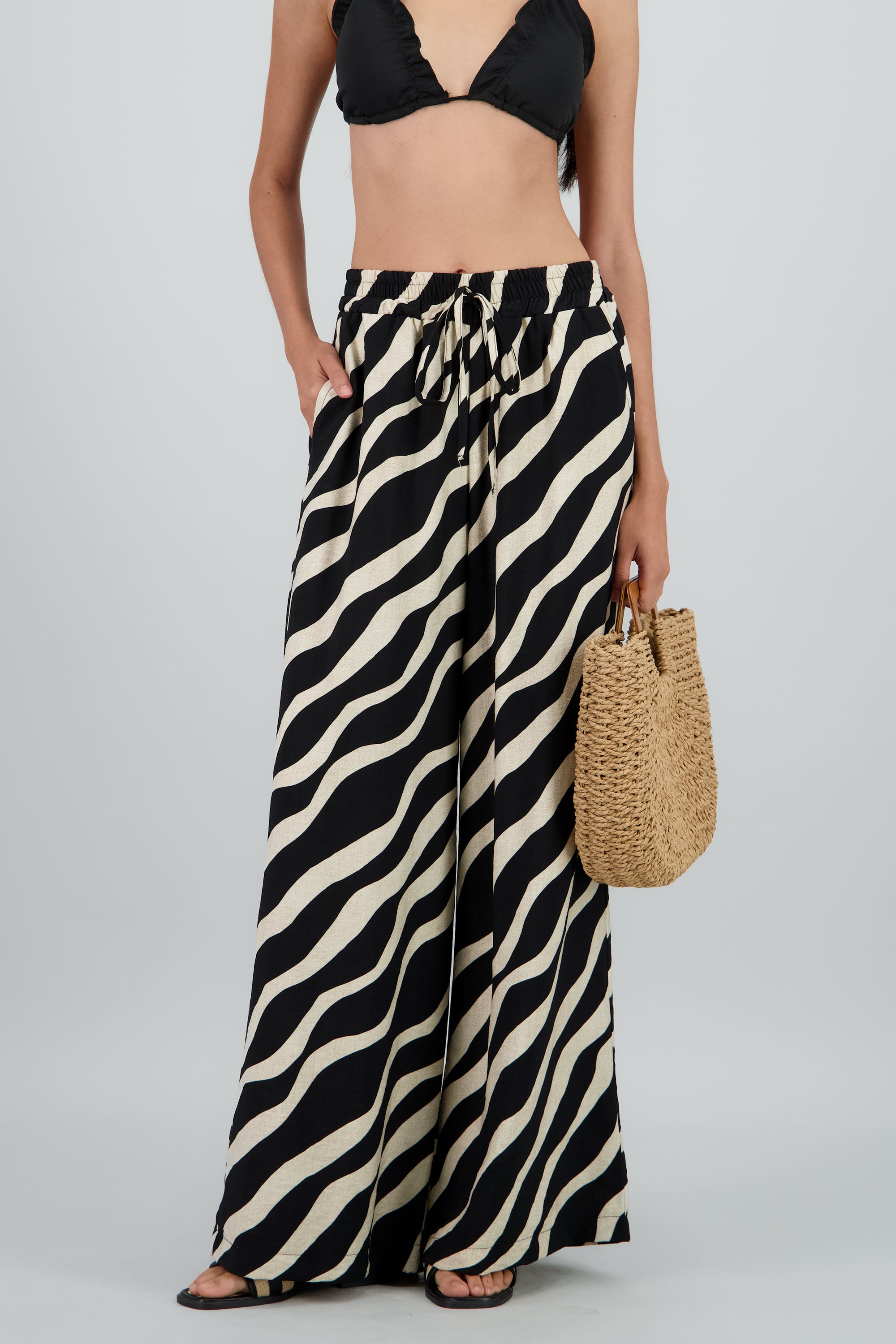 Pantalones estampado tropical jareta NEGRO COMBO