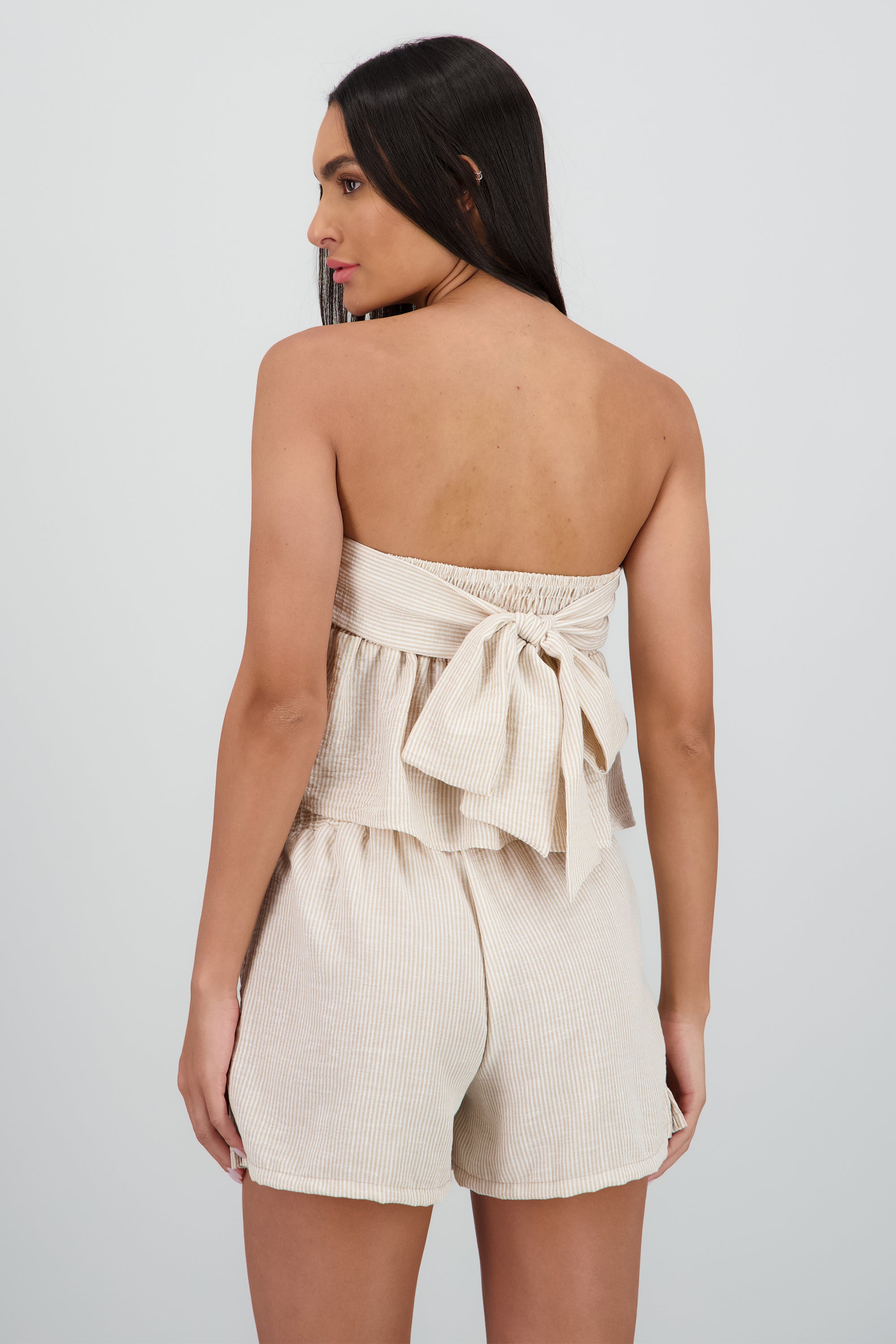 Blusa strapples detalle moño rayas KHAKI COMBO