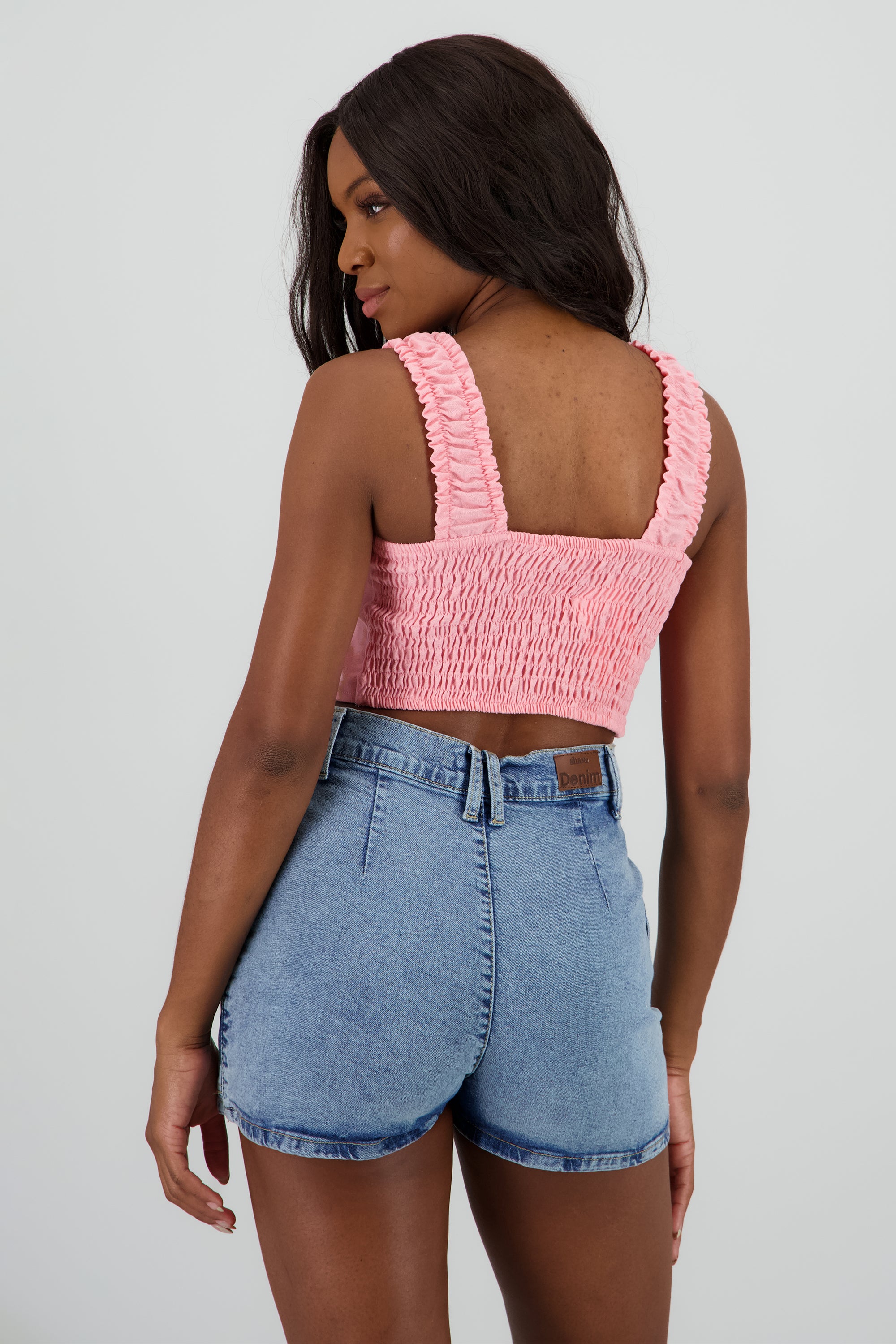 Top crop tirantes resorte lino ROSA PASTEL