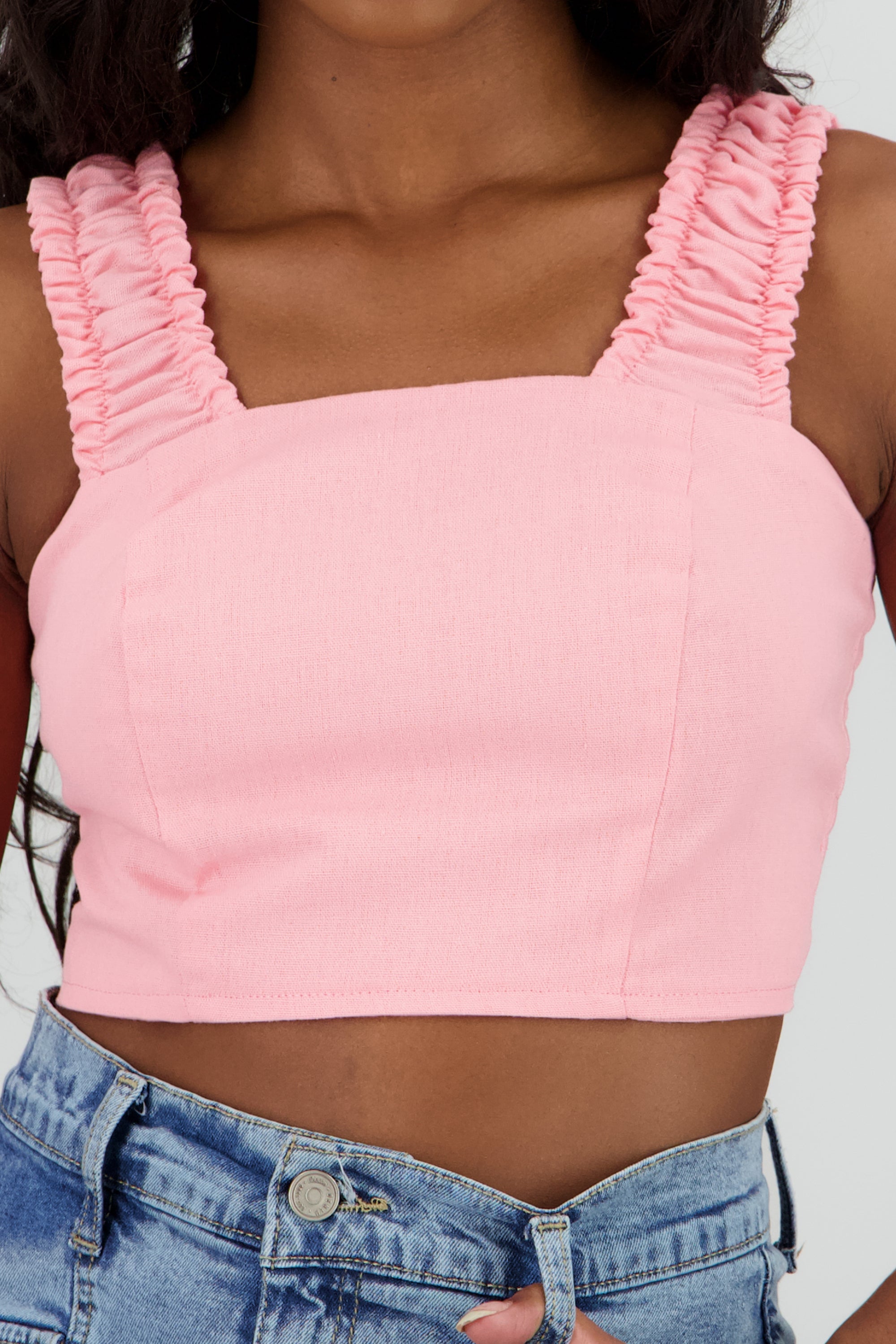 Top crop tirantes resorte lino ROSA PASTEL