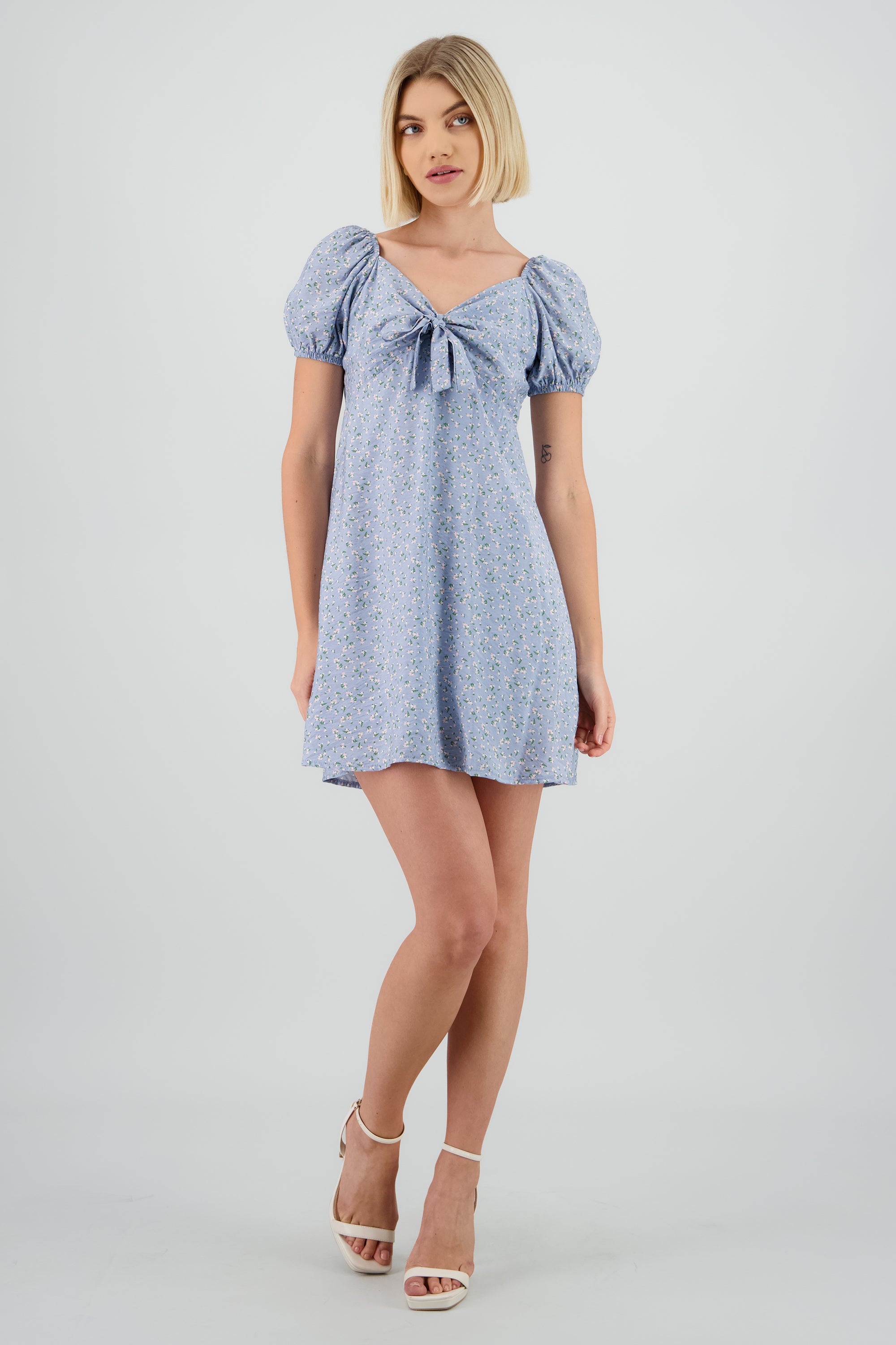 Vestido mini manga abullonada detalle moño AZUL PASTEL