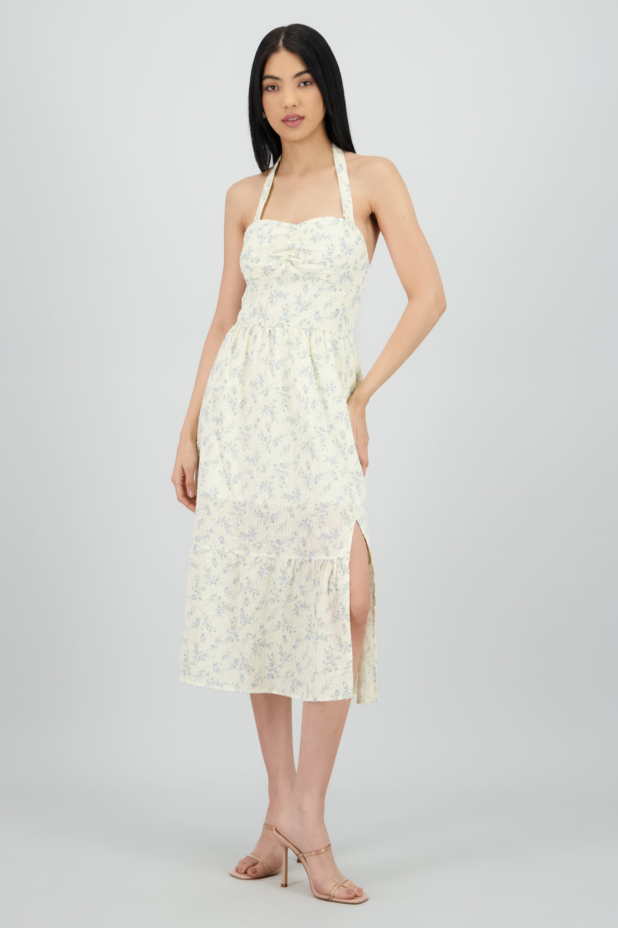Vestido halter tela con textura estampado flores AMARILLO COMBO