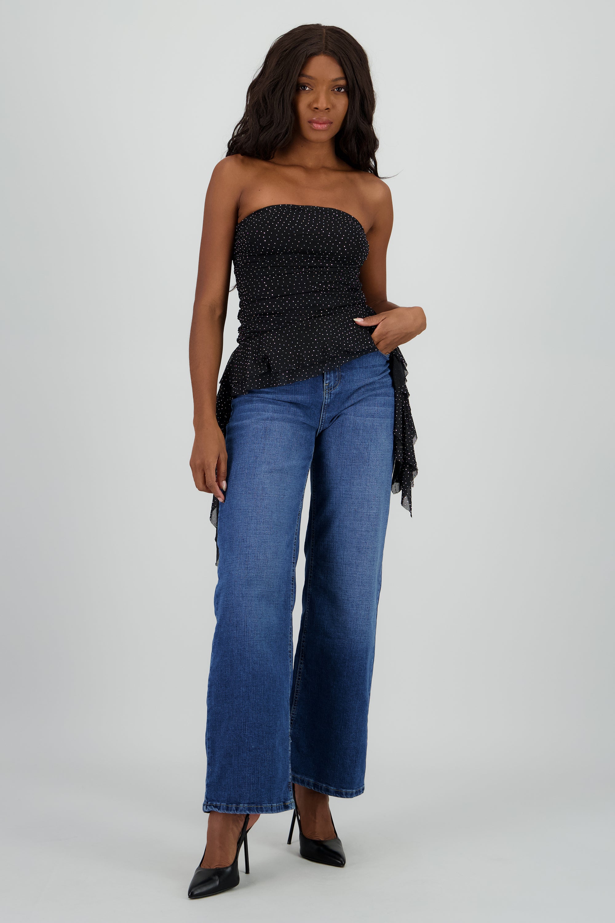 Top strapless drapeado con brillos NEGRO