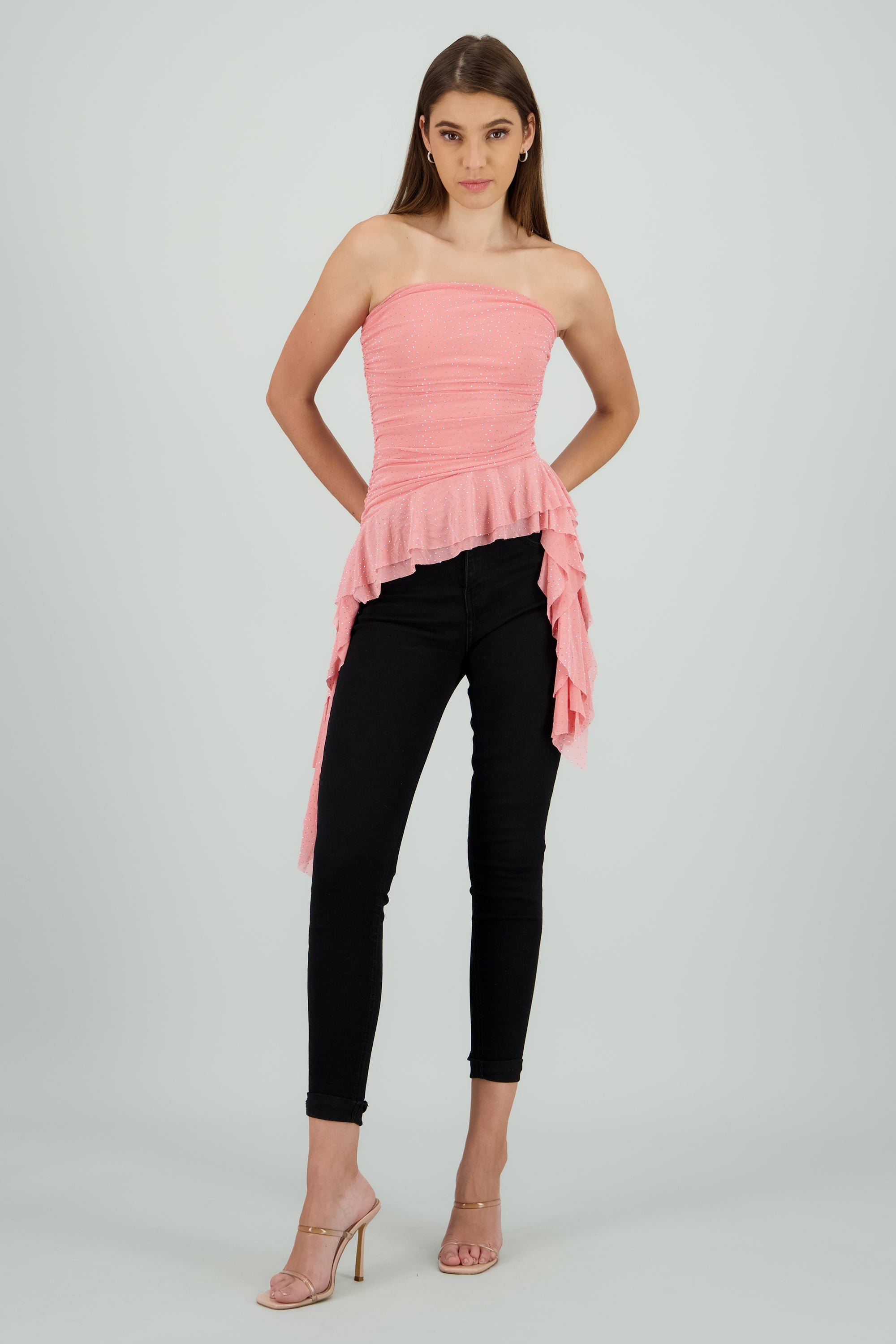 Top strapless drapeado con brillos MALVA