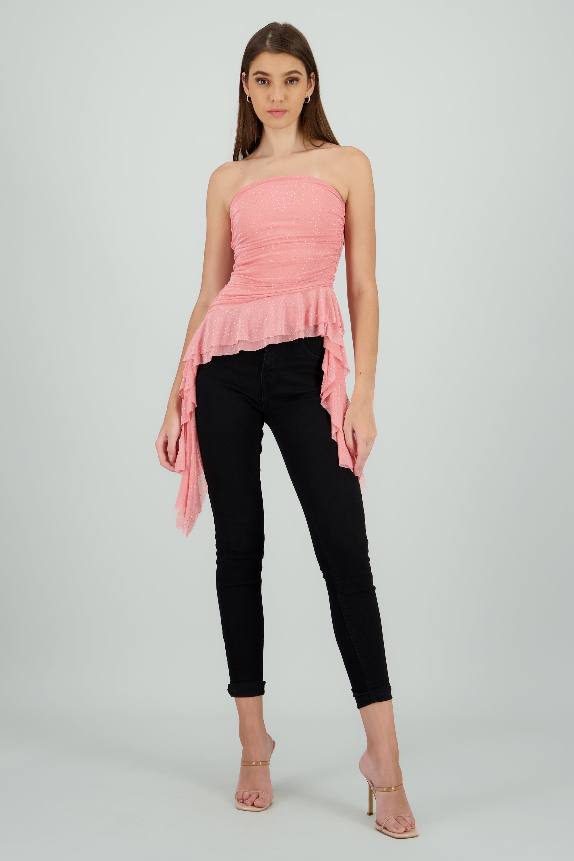 Top strapless drapeado con brillos MALVA