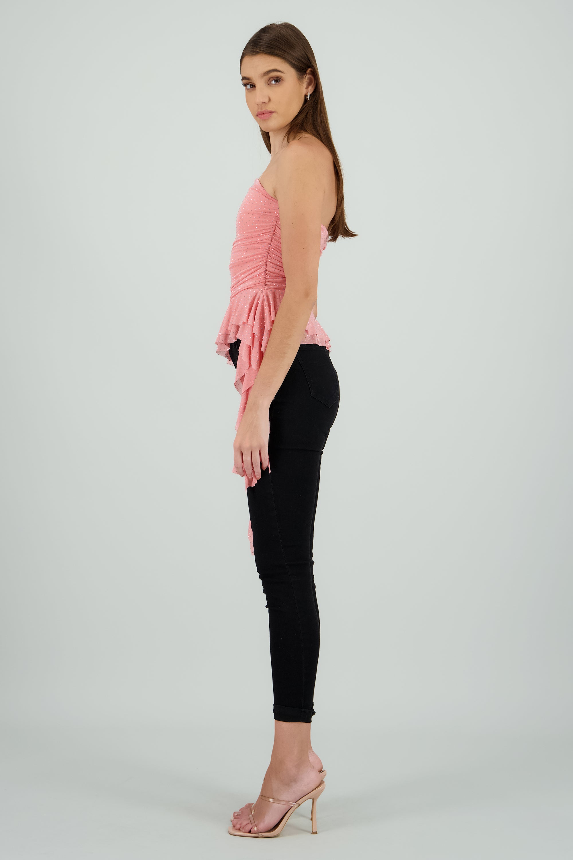 Top strapless drapeado con brillos MALVA