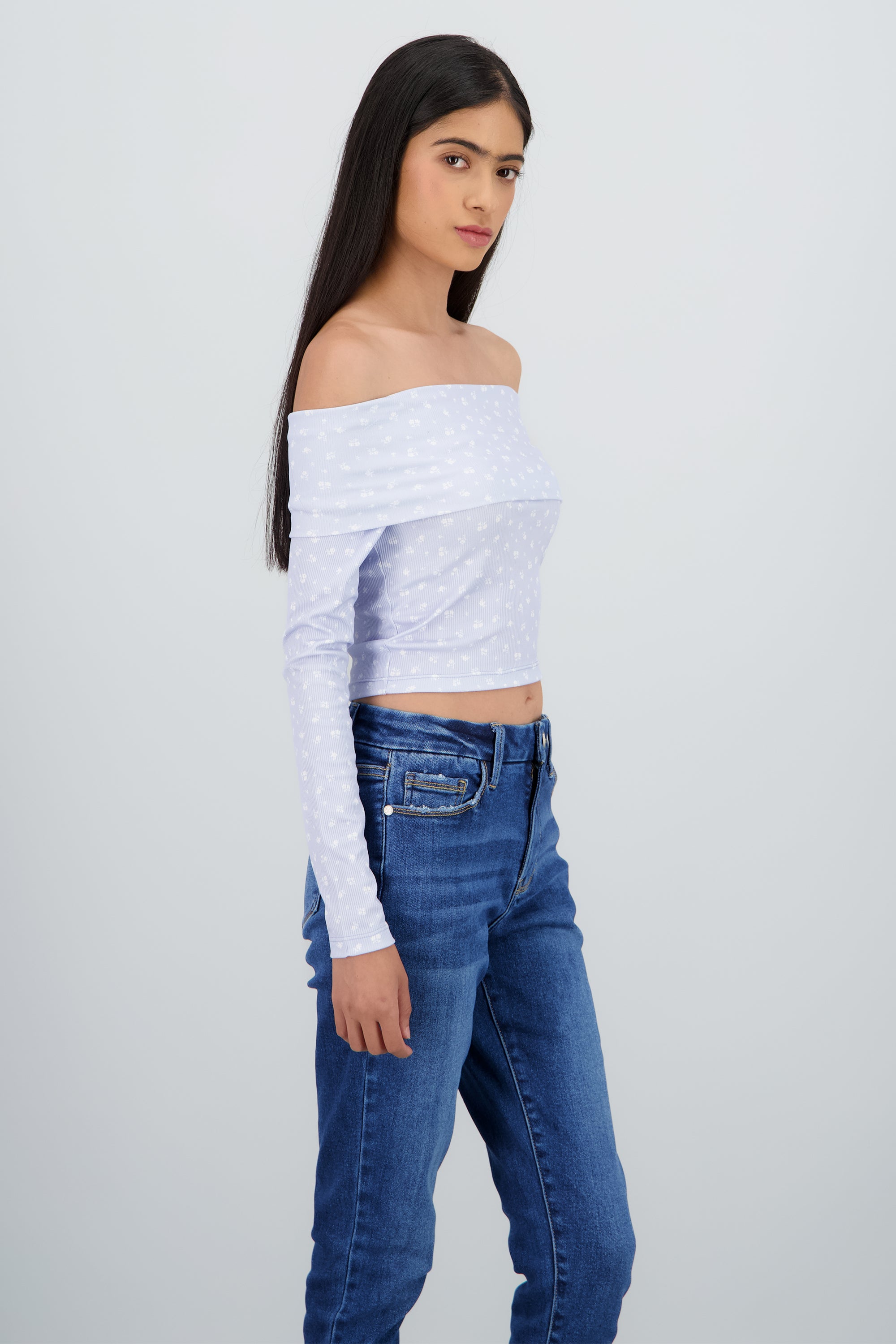 Blusa manga larga off shoulder mini flores AZUL PASTEL