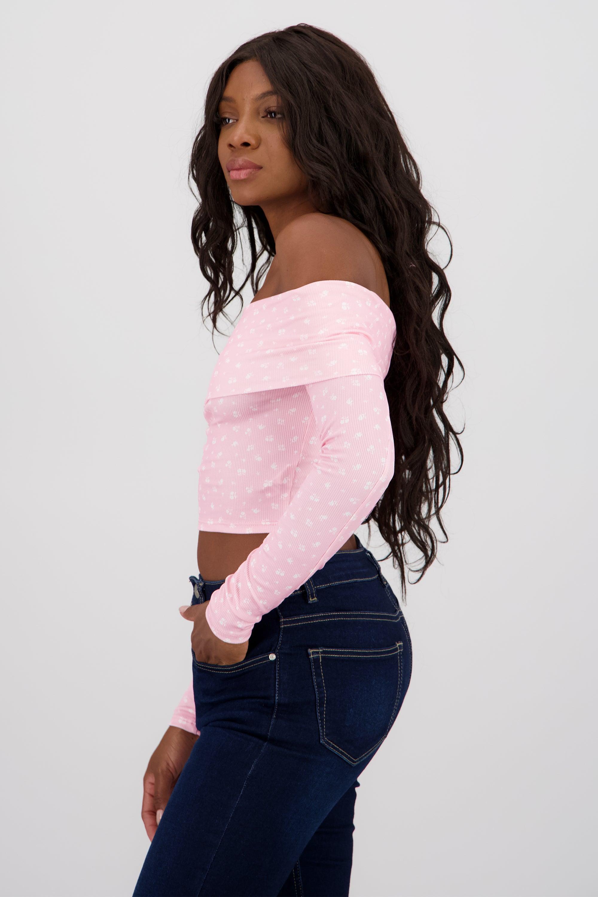 Blusa manga larga off shoulder mini flores ROSA PASTEL