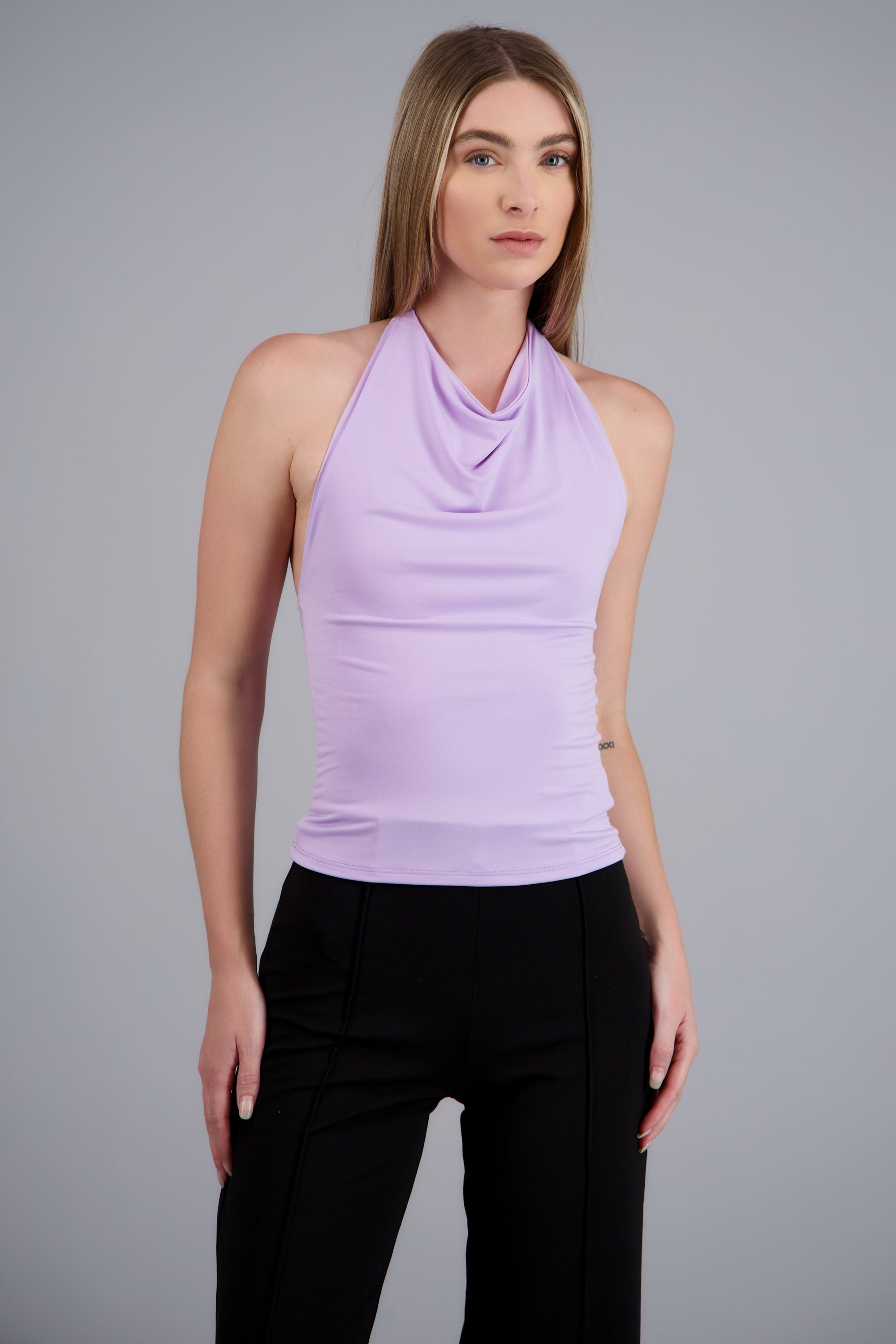 TOP CUELLO CASCADA HALTER LILA