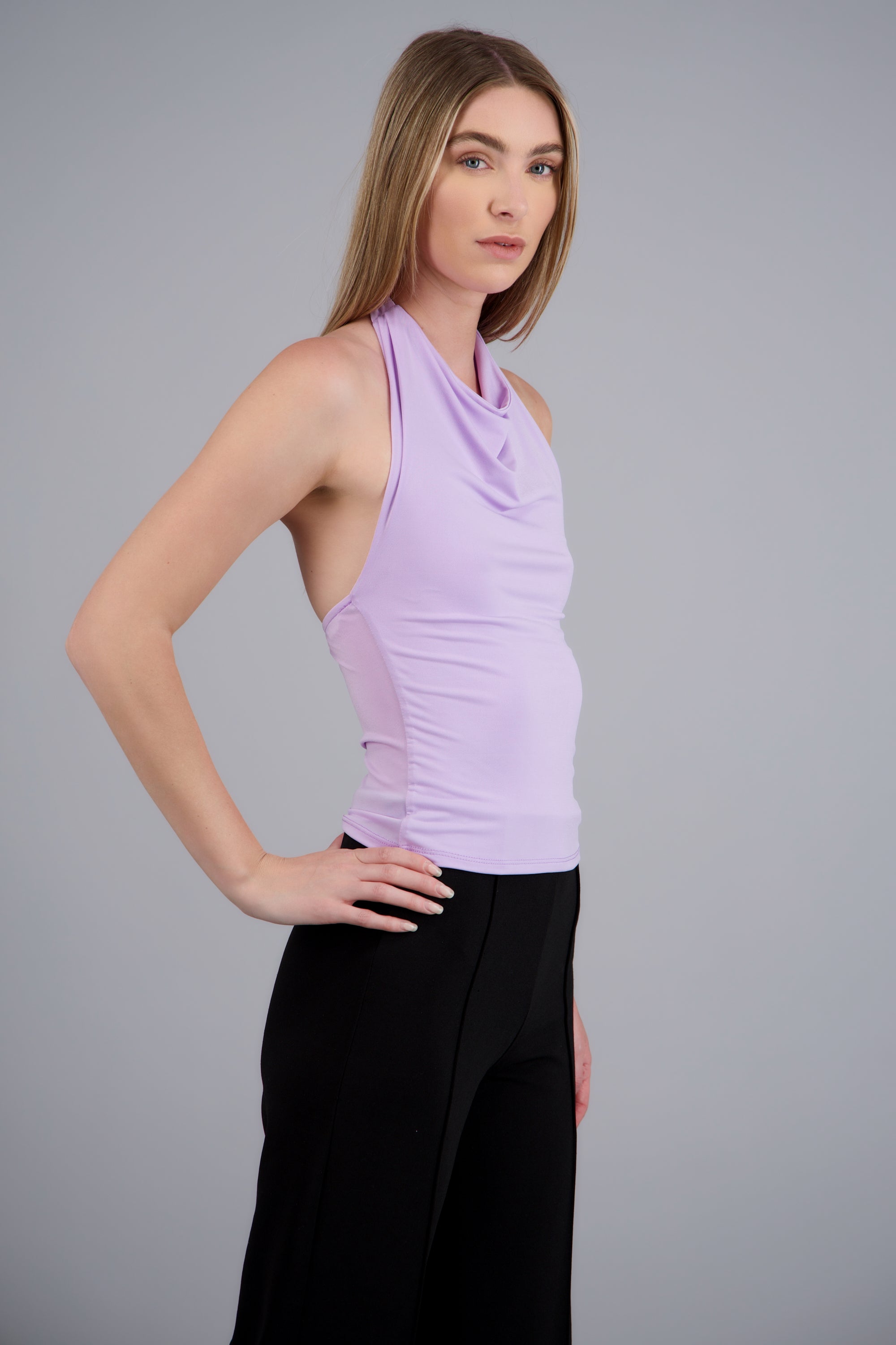 TOP CUELLO CASCADA HALTER LILA