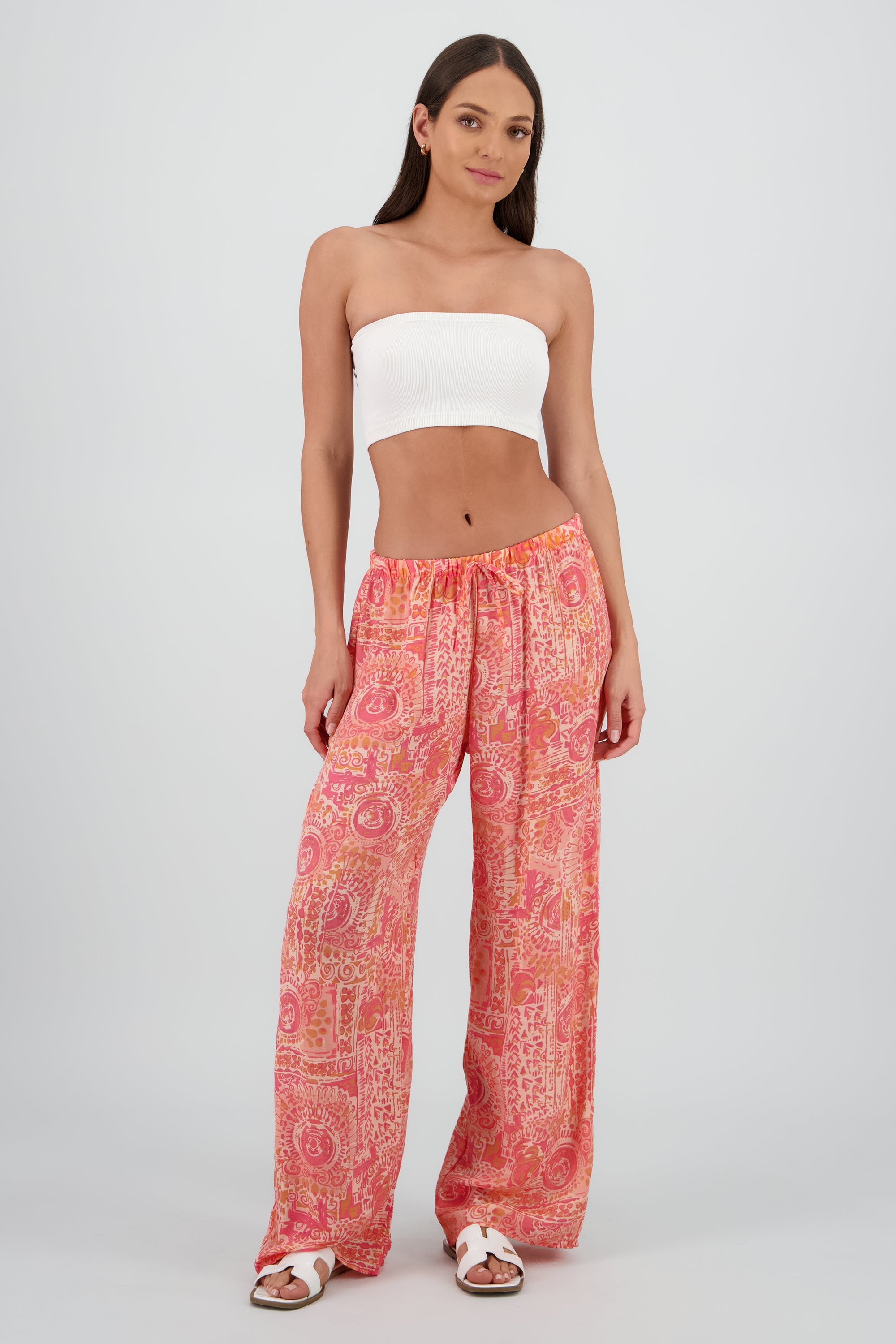 Pantalon amplio estampado lino NARANJA