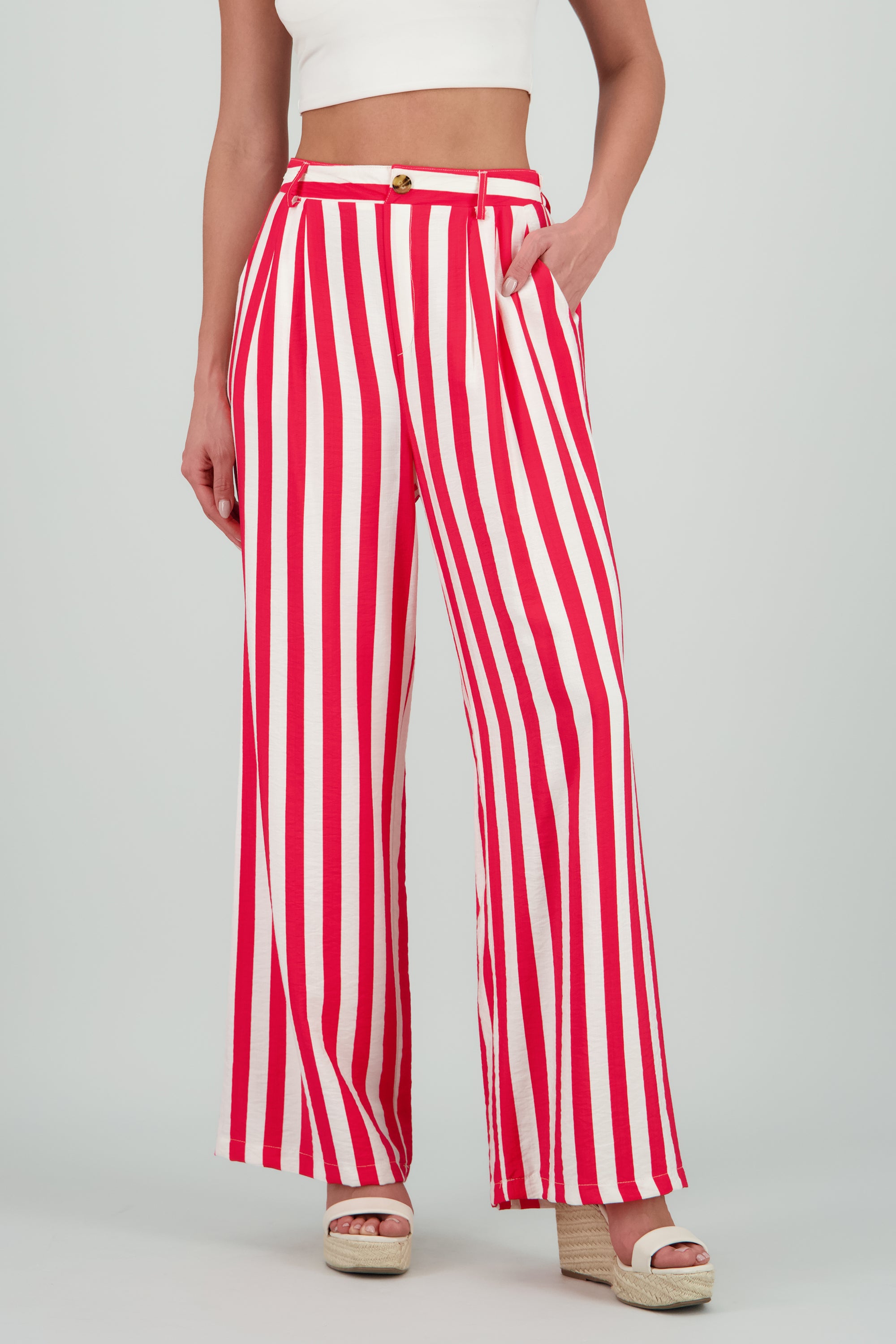 Pantalon amplio rayas detalle boton ROJO COMBO
