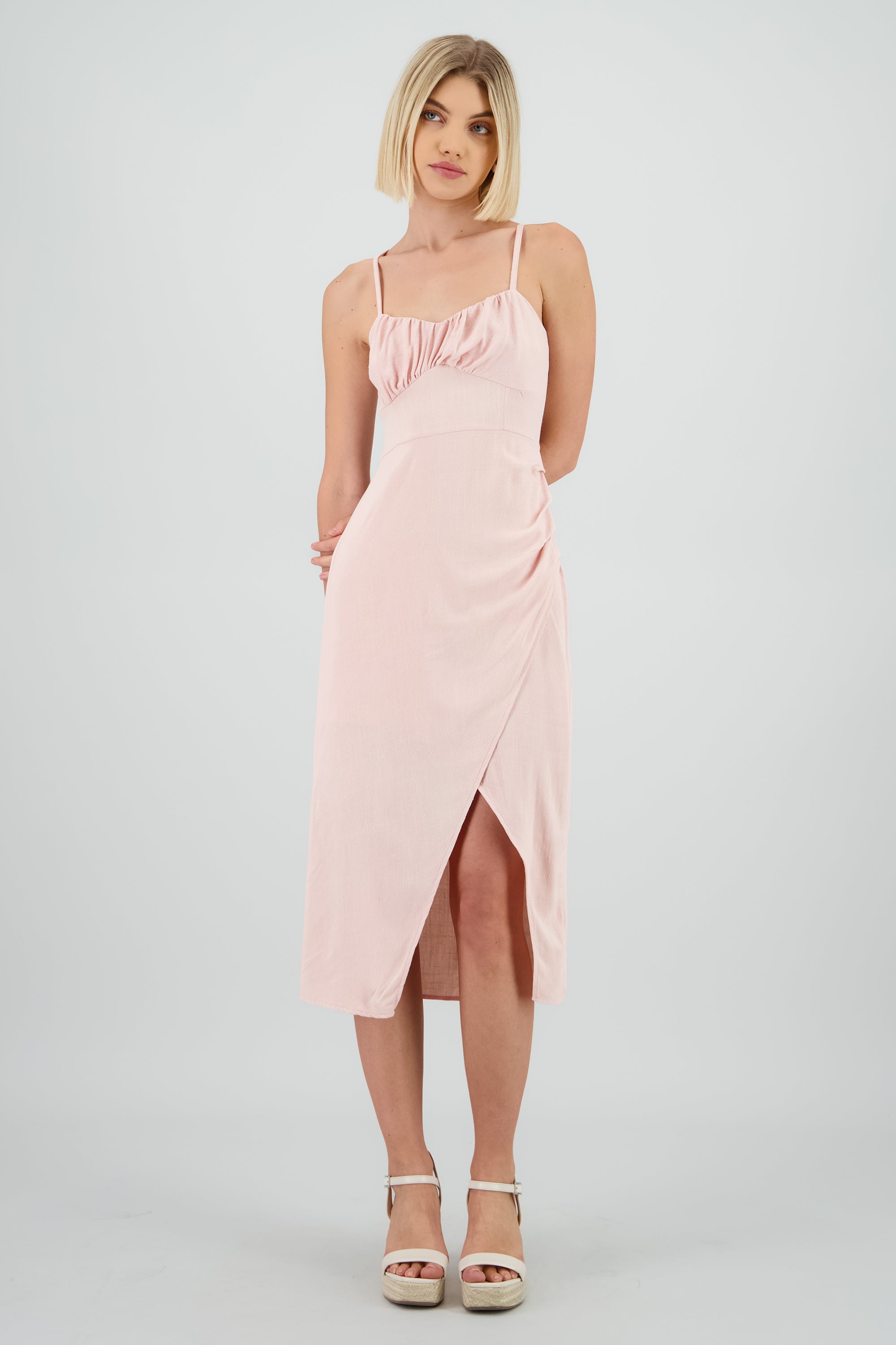 Vestido midi tirantes liso con abertura PALO DE ROSA