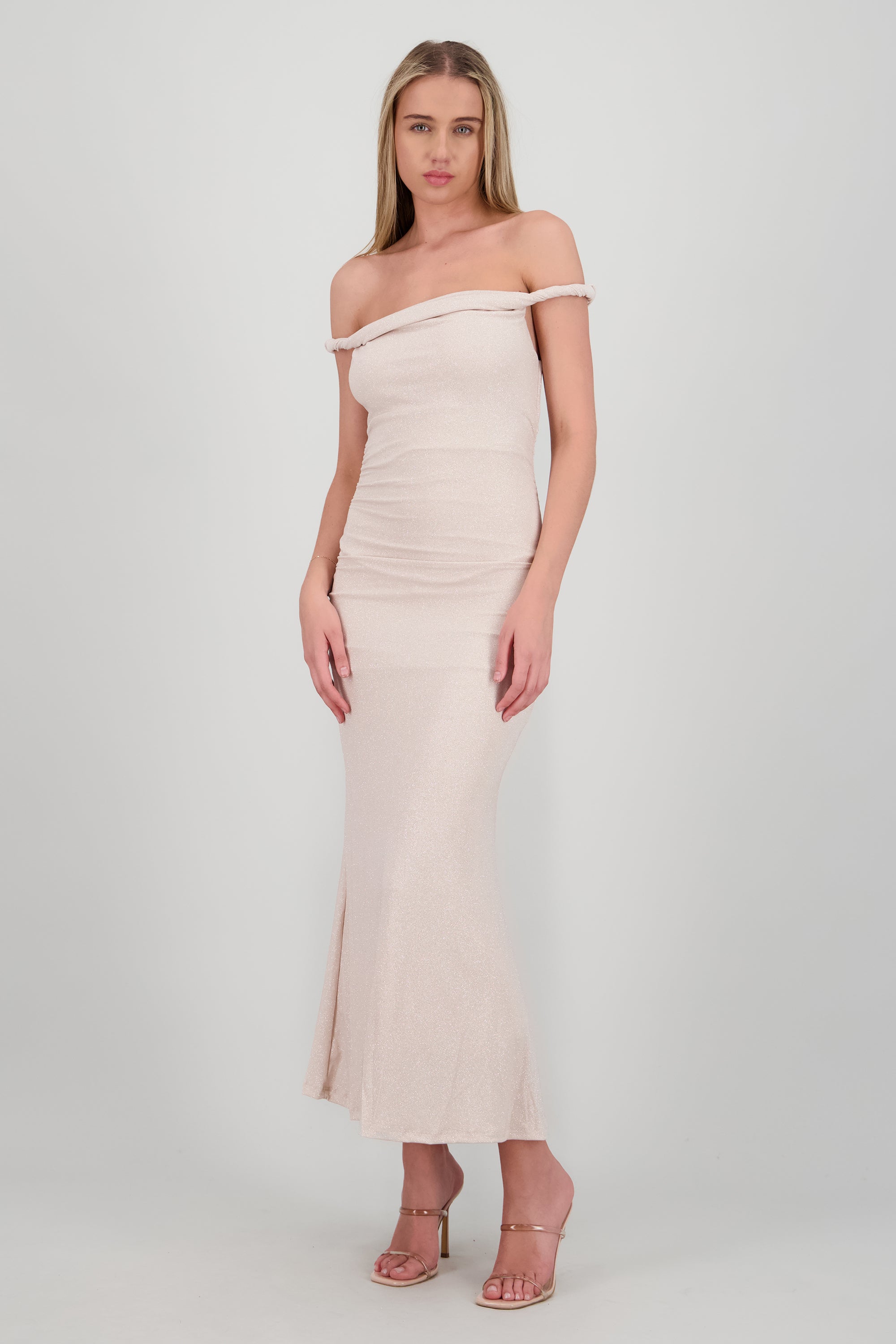 Vestido drapeado brillos CREMA