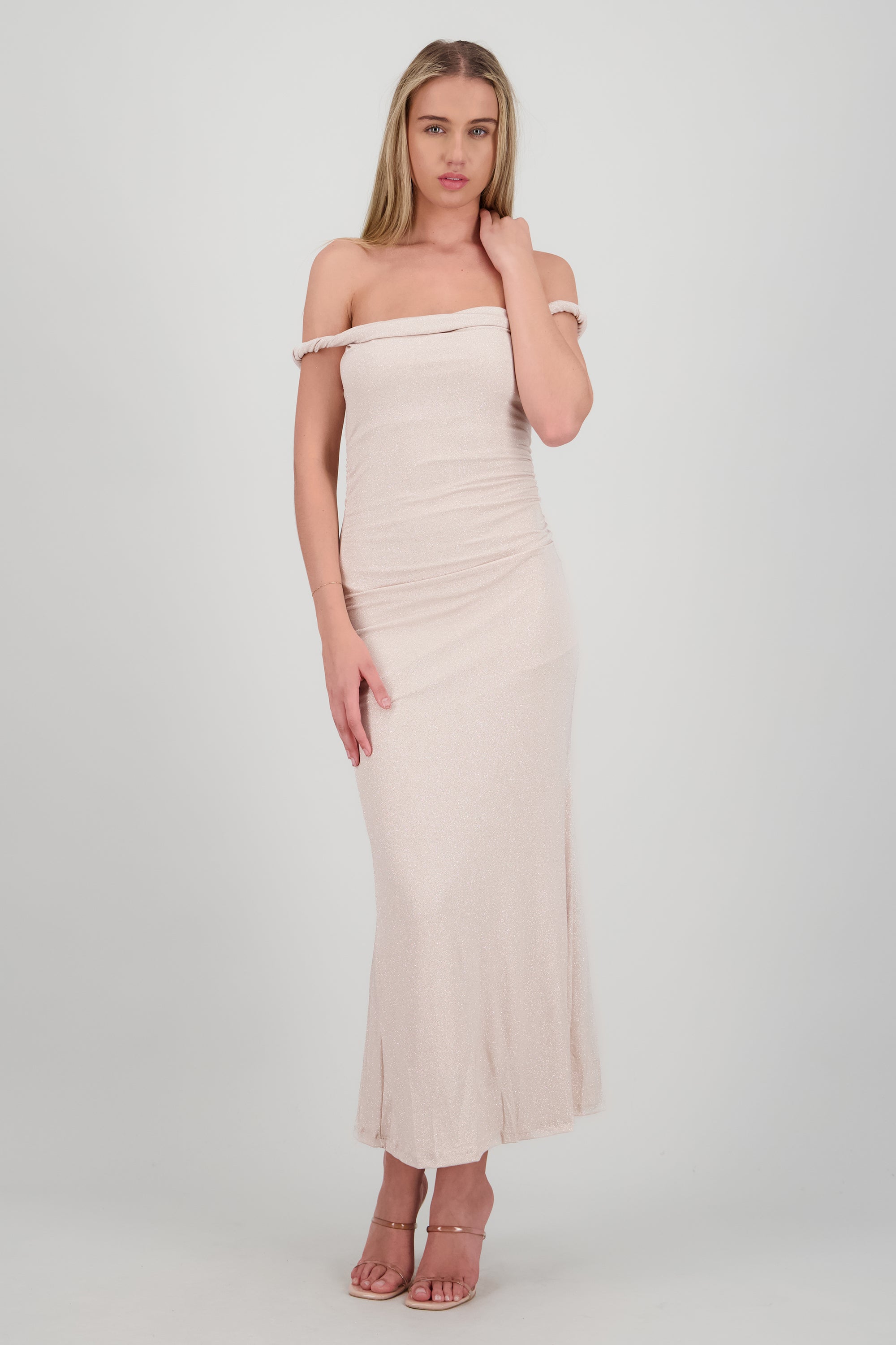 Vestido drapeado brillos CREMA