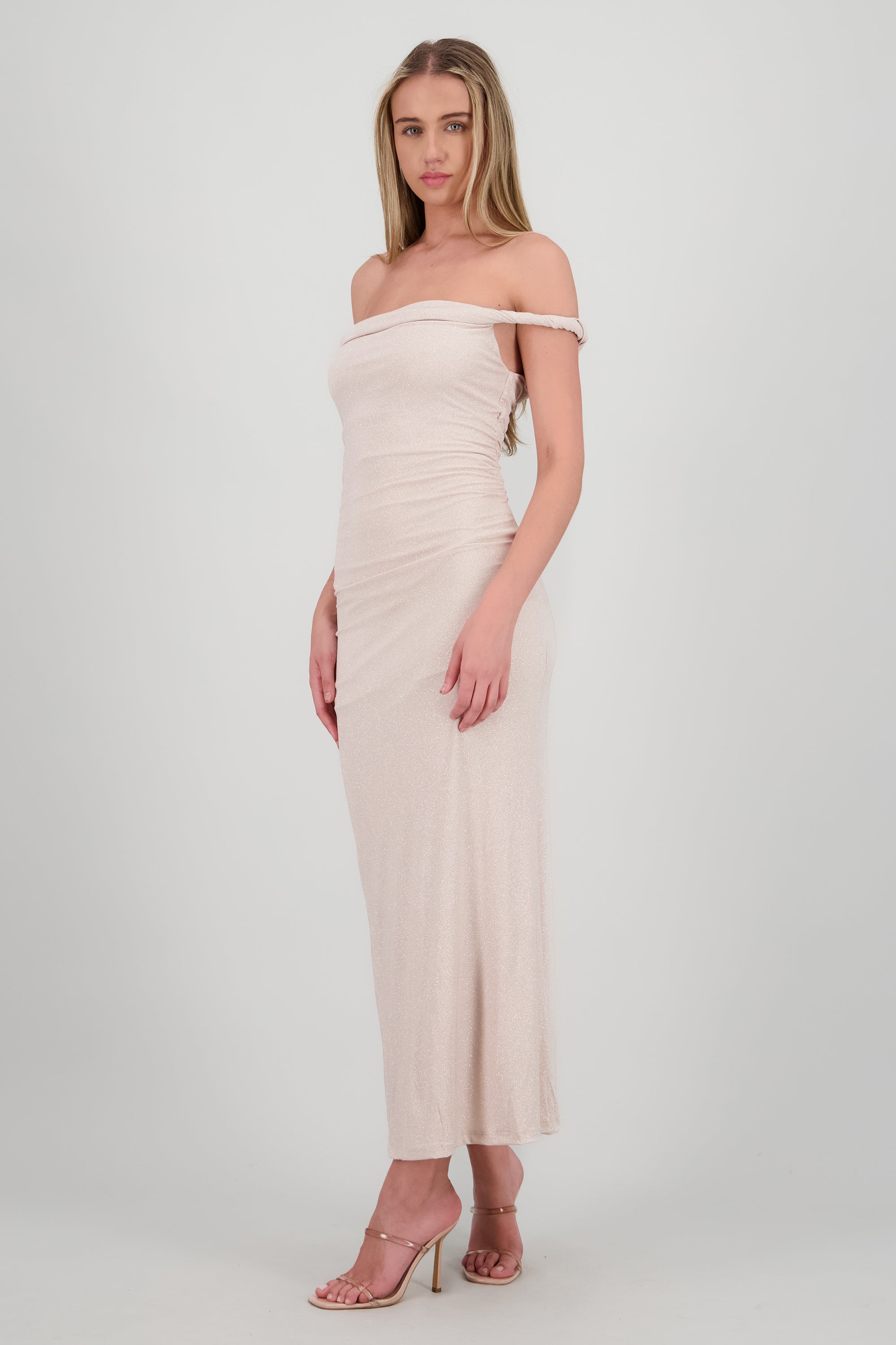 Vestido drapeado brillos CREMA