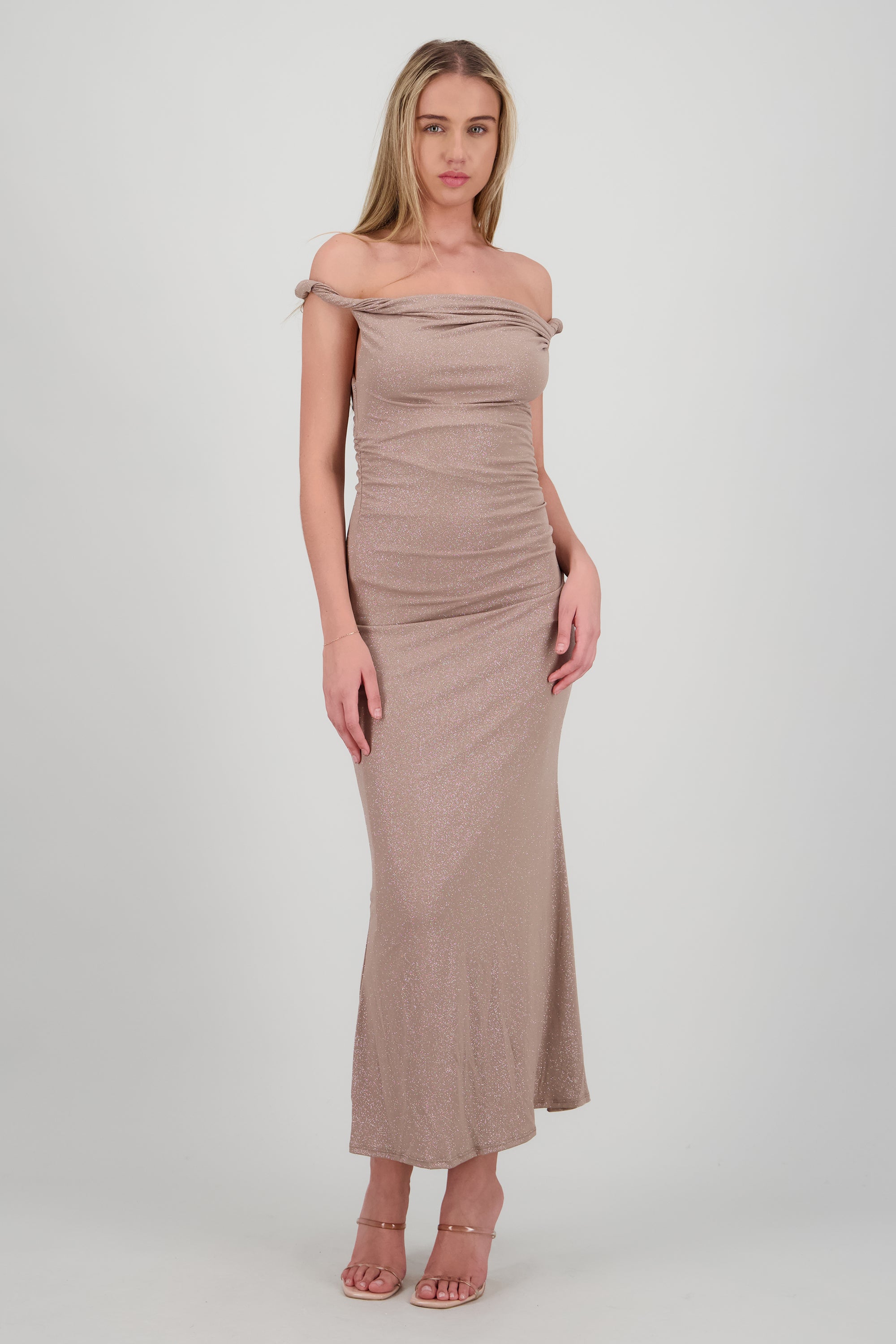 Vestido drapeado brillos TAUPE