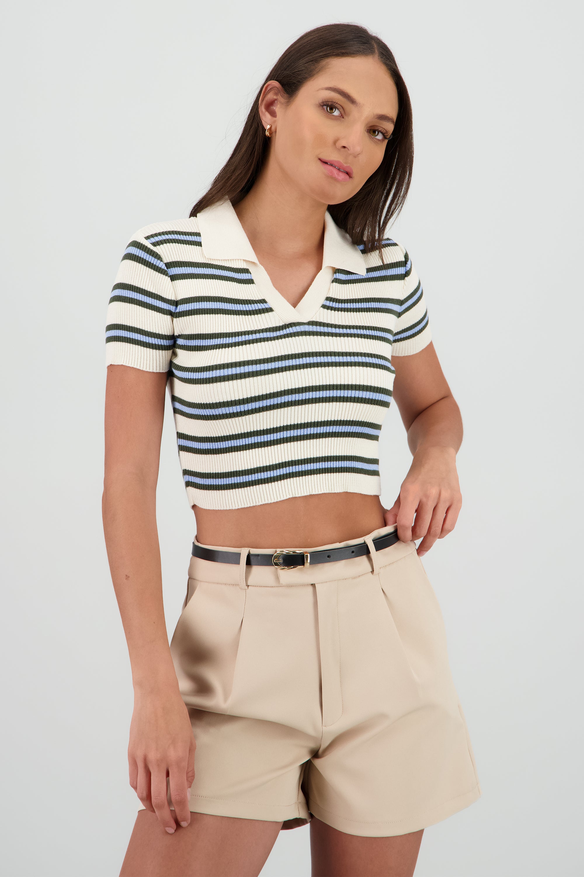Top cuello polo lineas HUESO COMBO