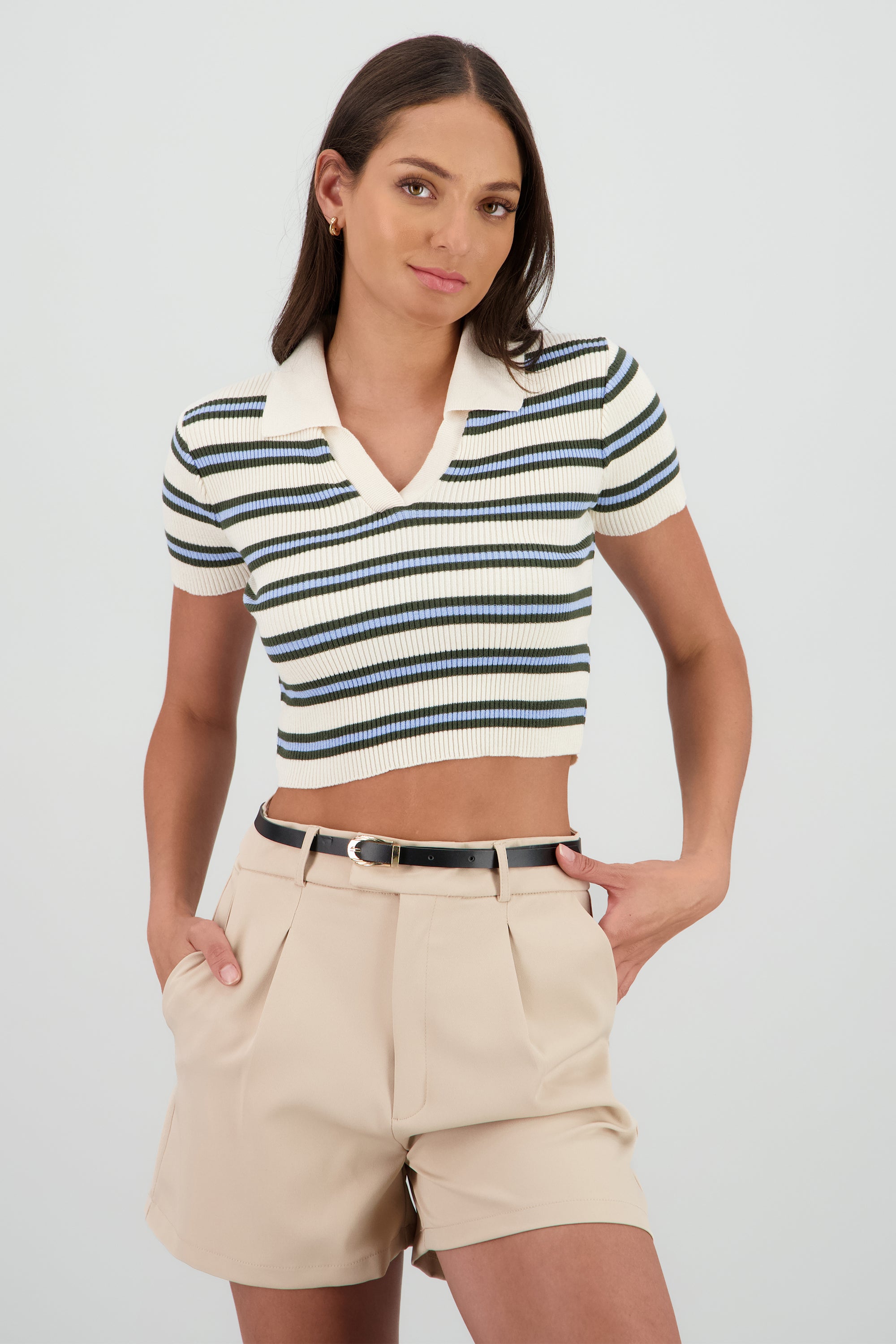 Top cuello polo lineas HUESO COMBO