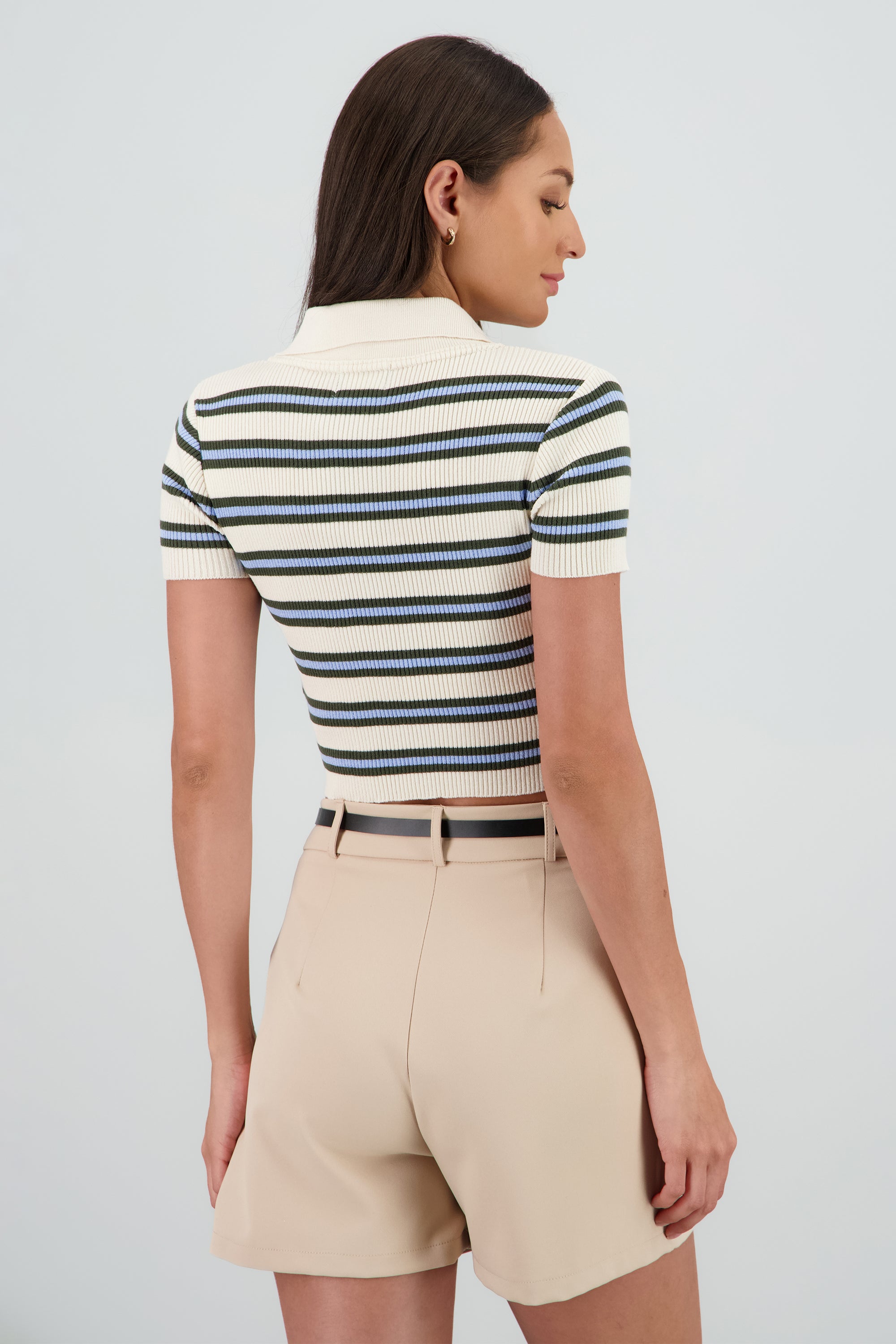 Top cuello polo lineas HUESO COMBO