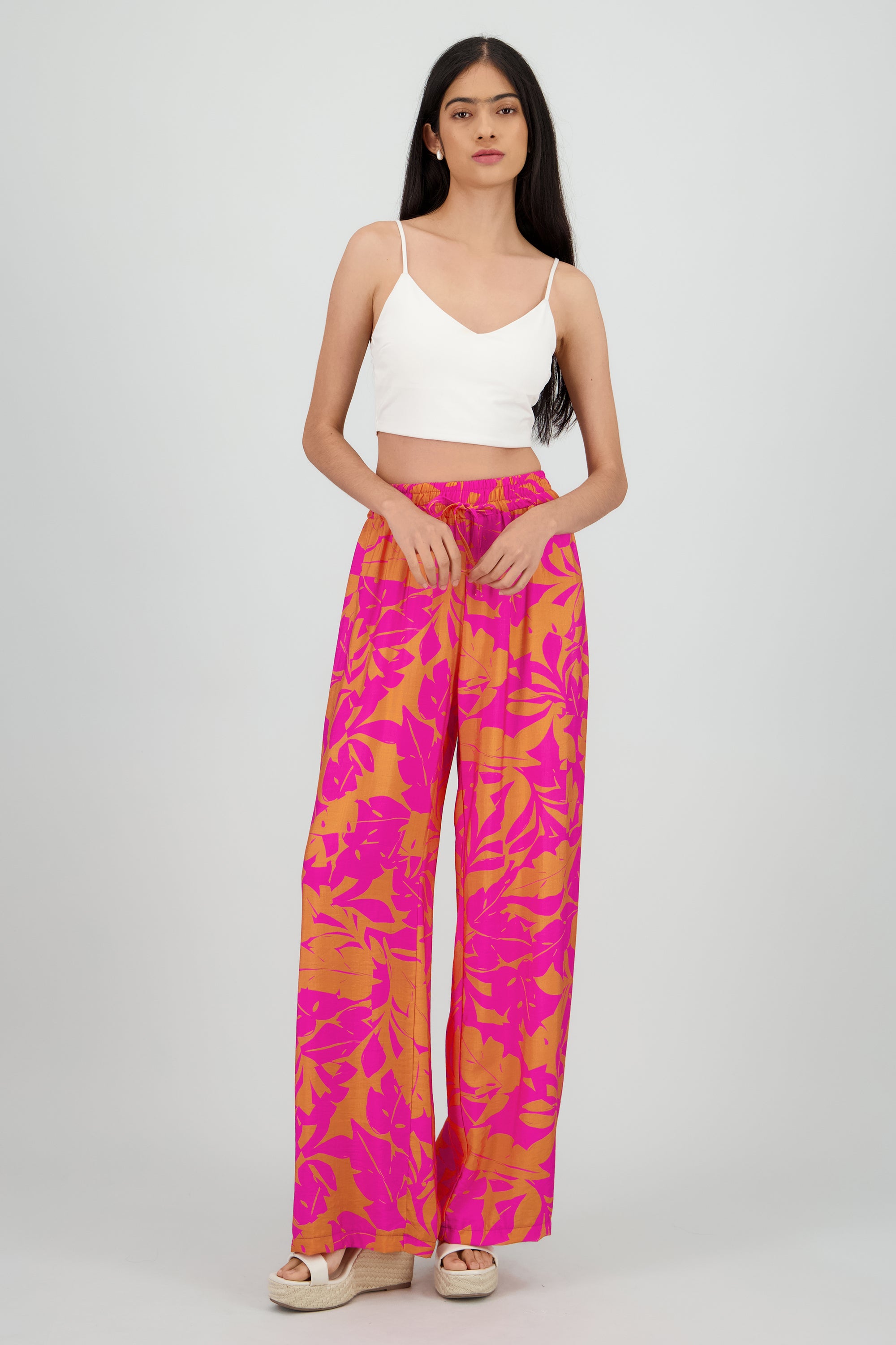 Pantalon tropical contraste color ROSA COMBO