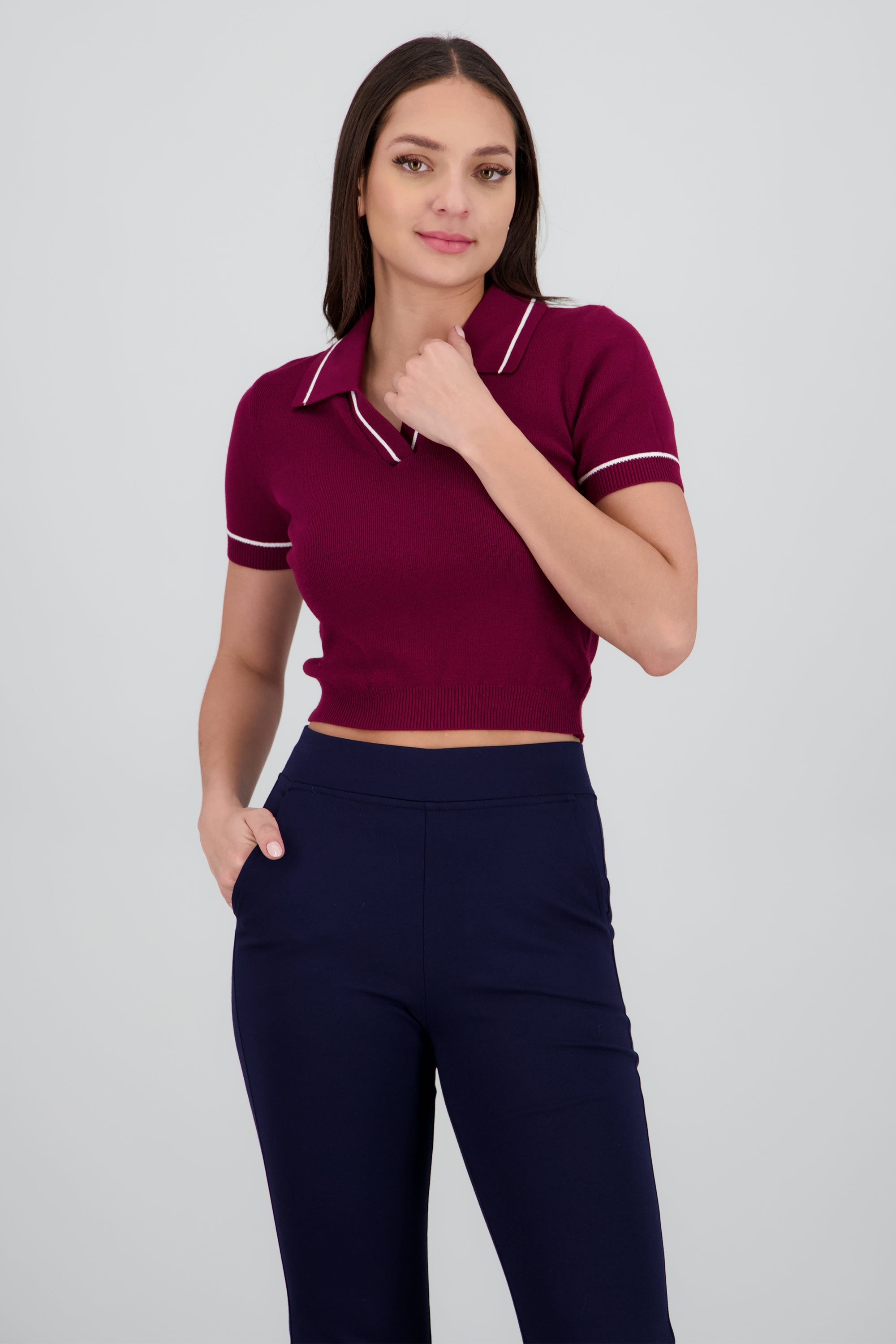 Top cuello camisero contraste VINO COMBO