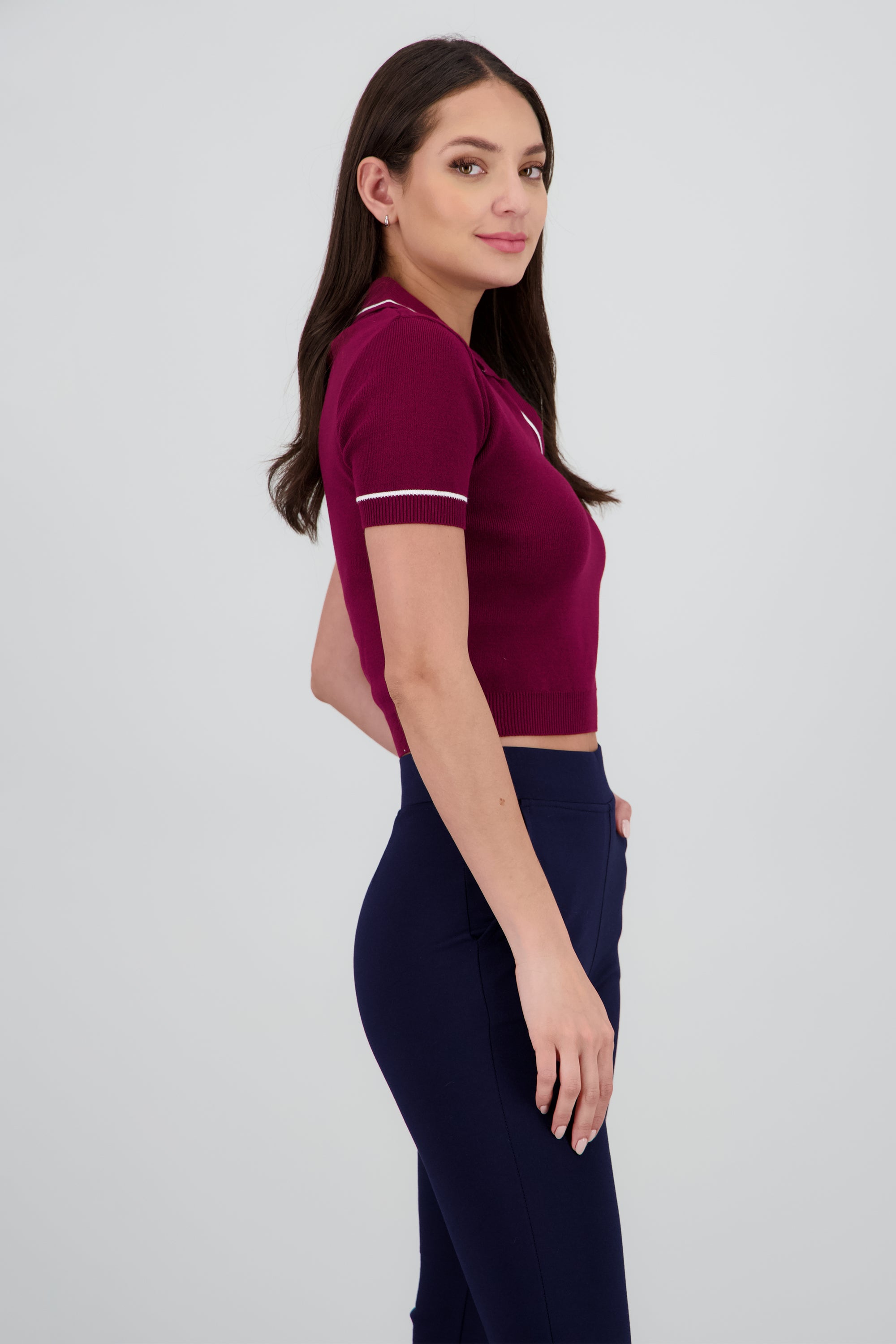 Top cuello camisero contraste VINO COMBO
