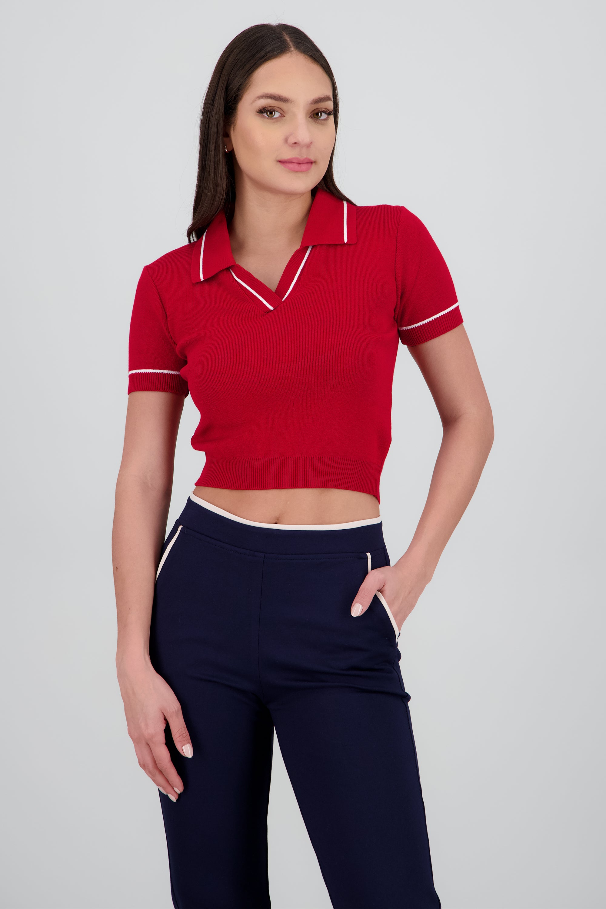Top cuello camisero contraste ROJO COMBO