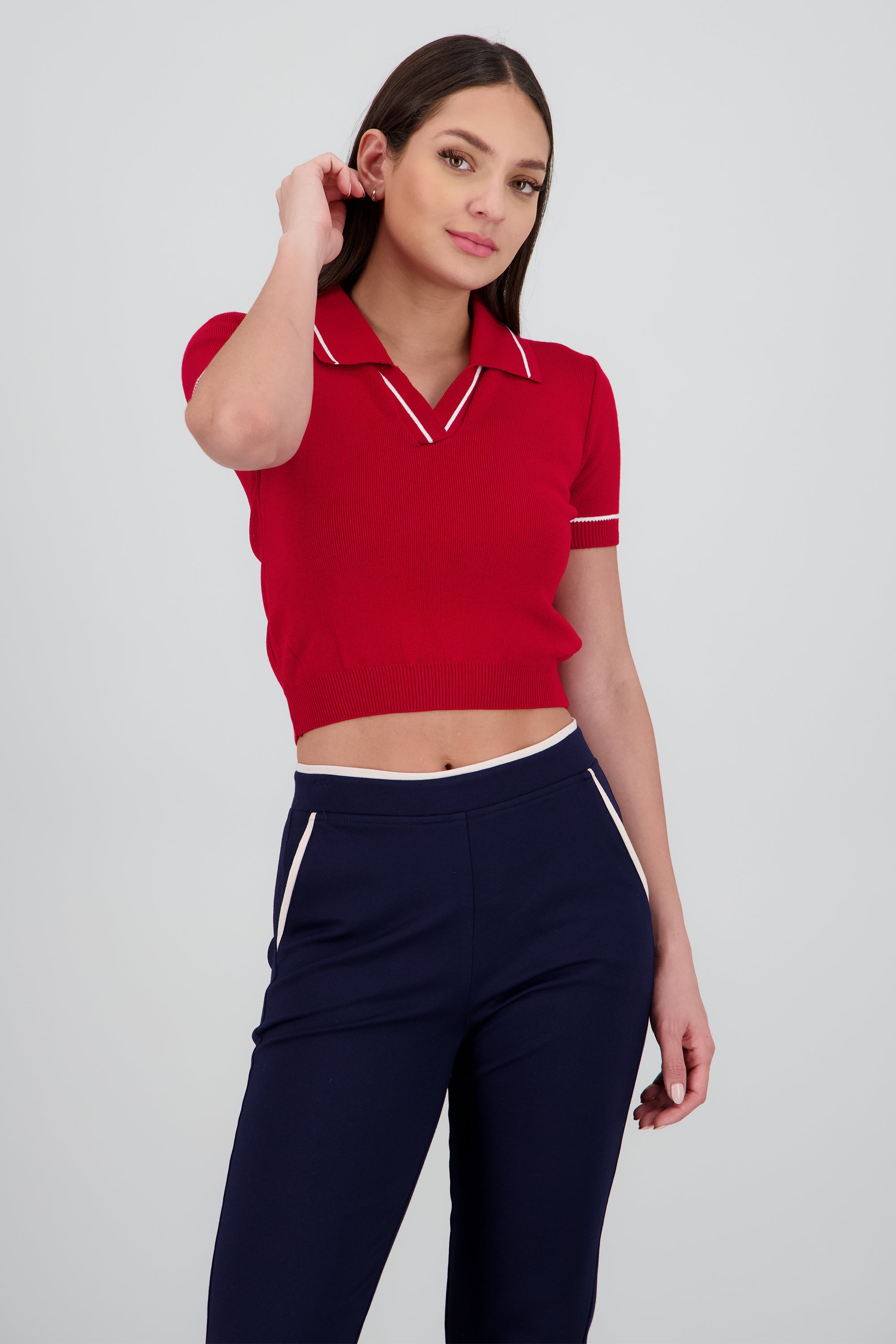 Top cuello camisero contraste ROJO COMBO