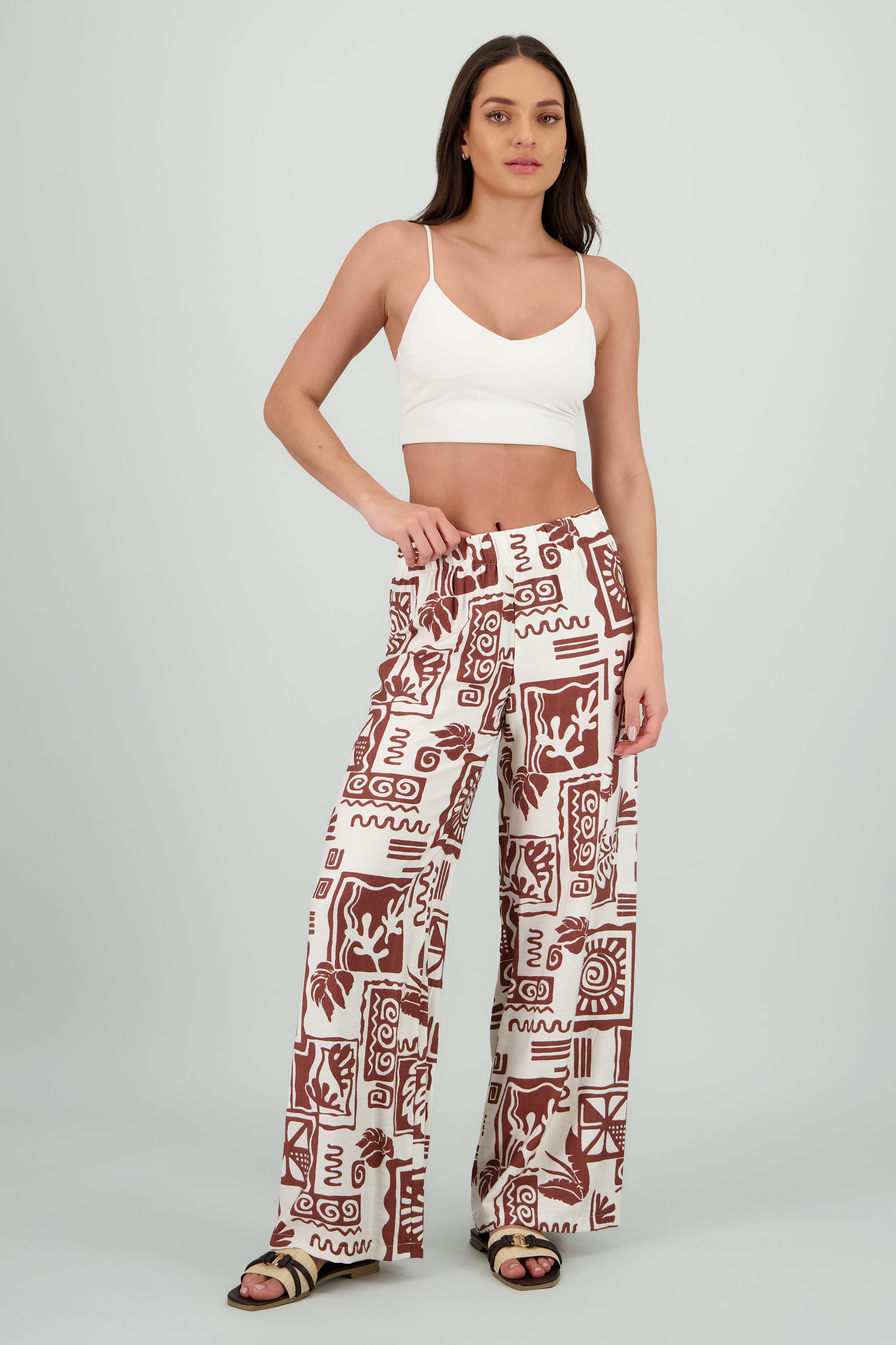 Pantalon estampado tropical wide leg CAFE COMBO