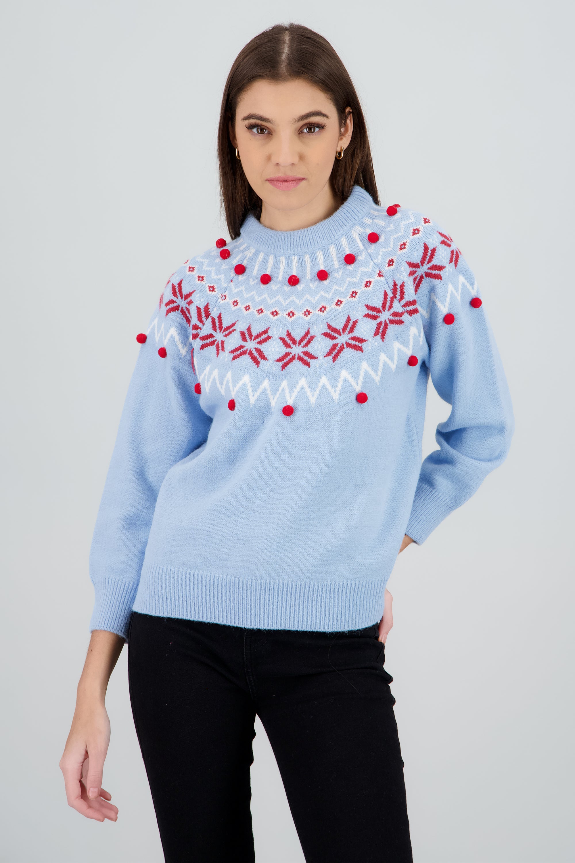 Sueter navideño grecas y pom pones AZUL PASTEL