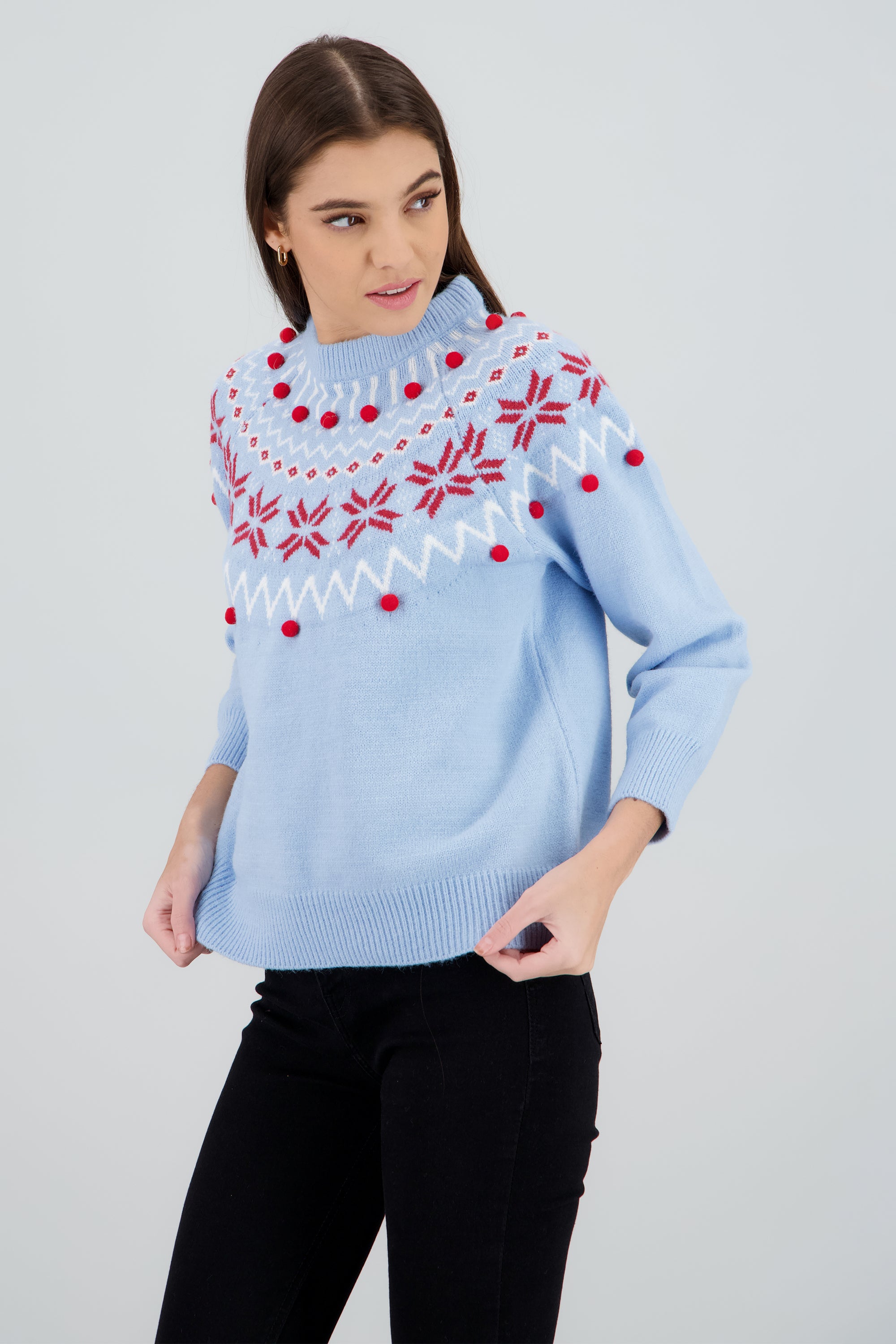 Sueter navideño grecas y pom pones AZUL PASTEL