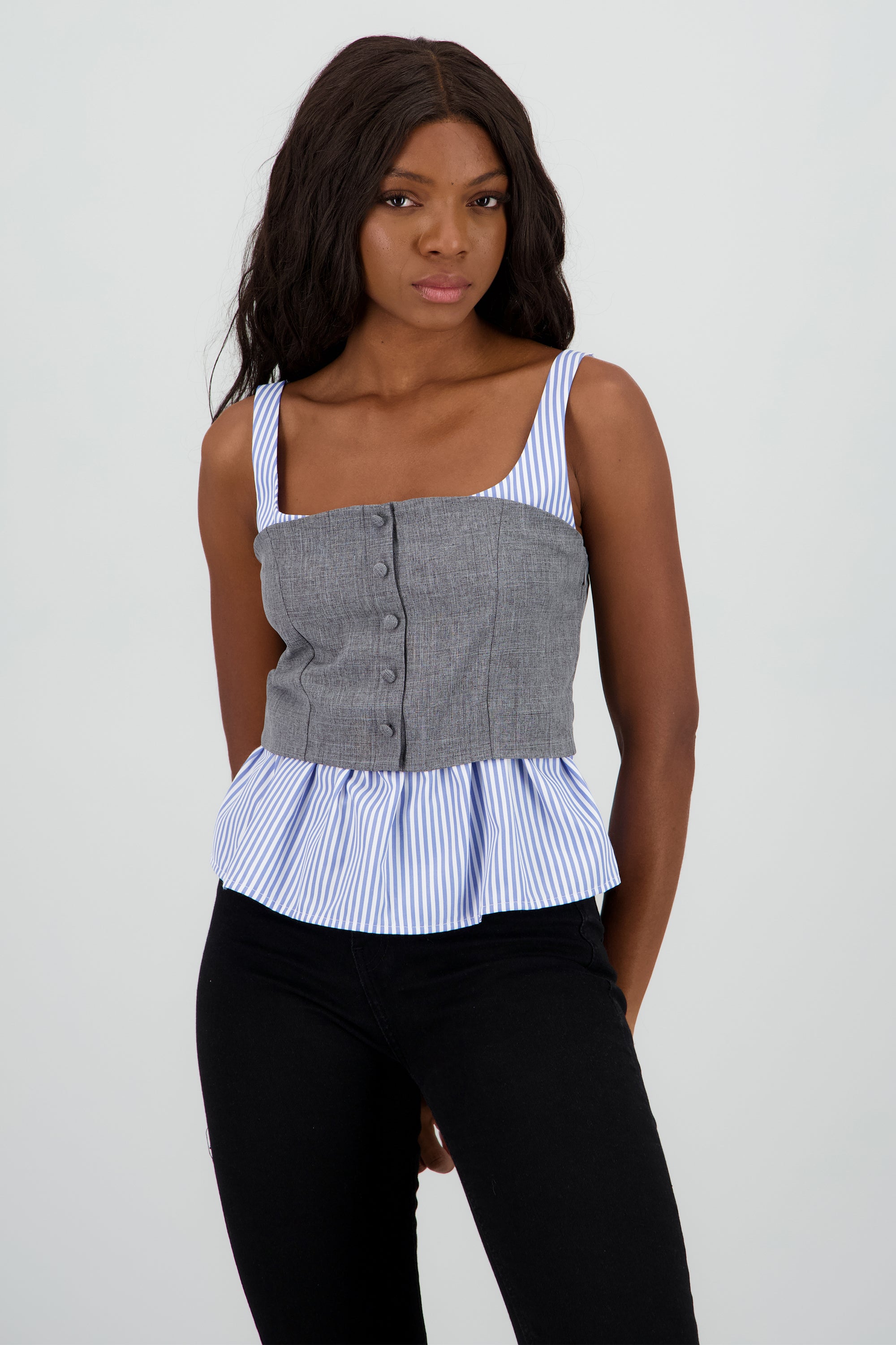 Blusa combinada de tirantes con botones GRIS COMBO