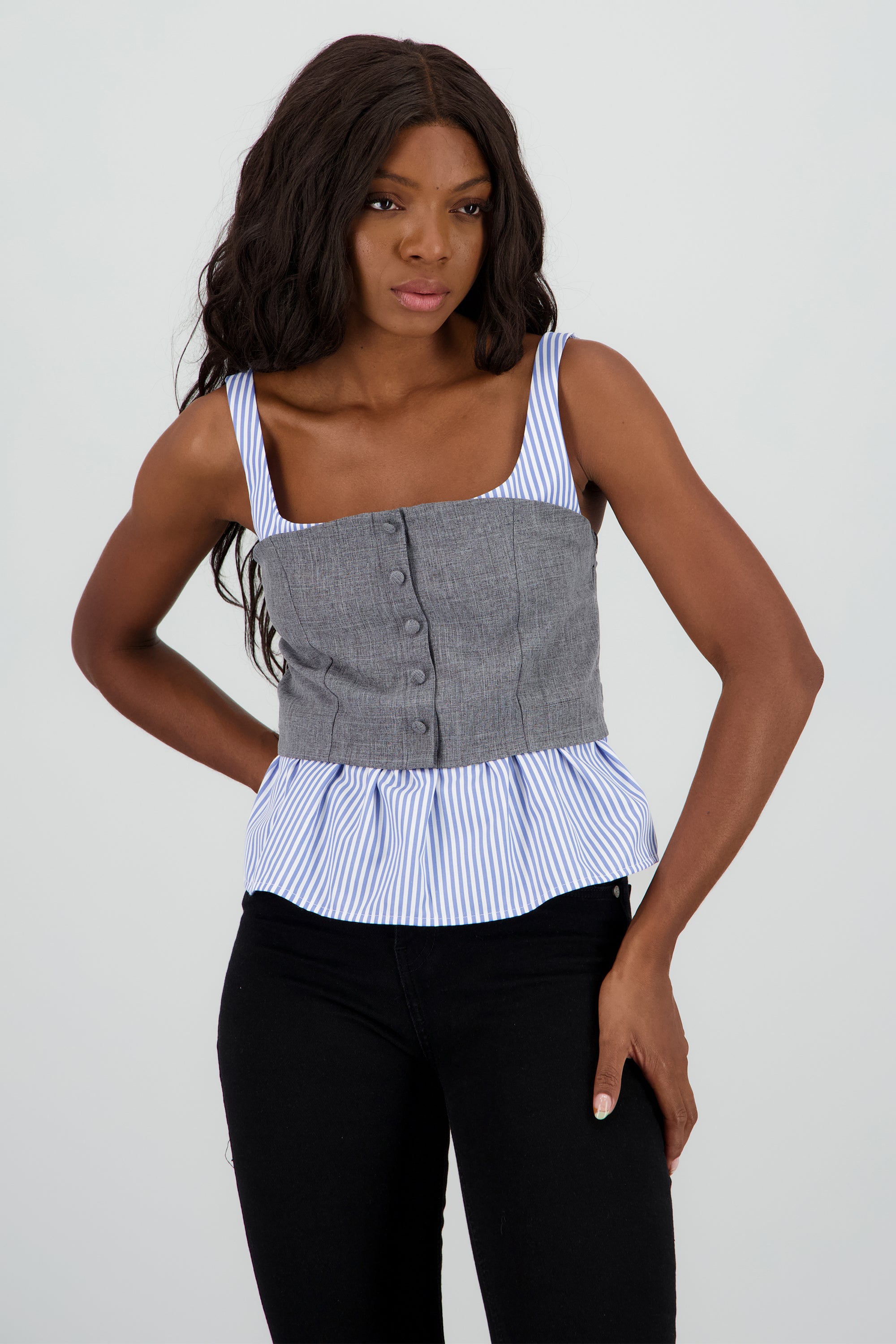 Blusa combinada de tirantes con botones GRIS COMBO