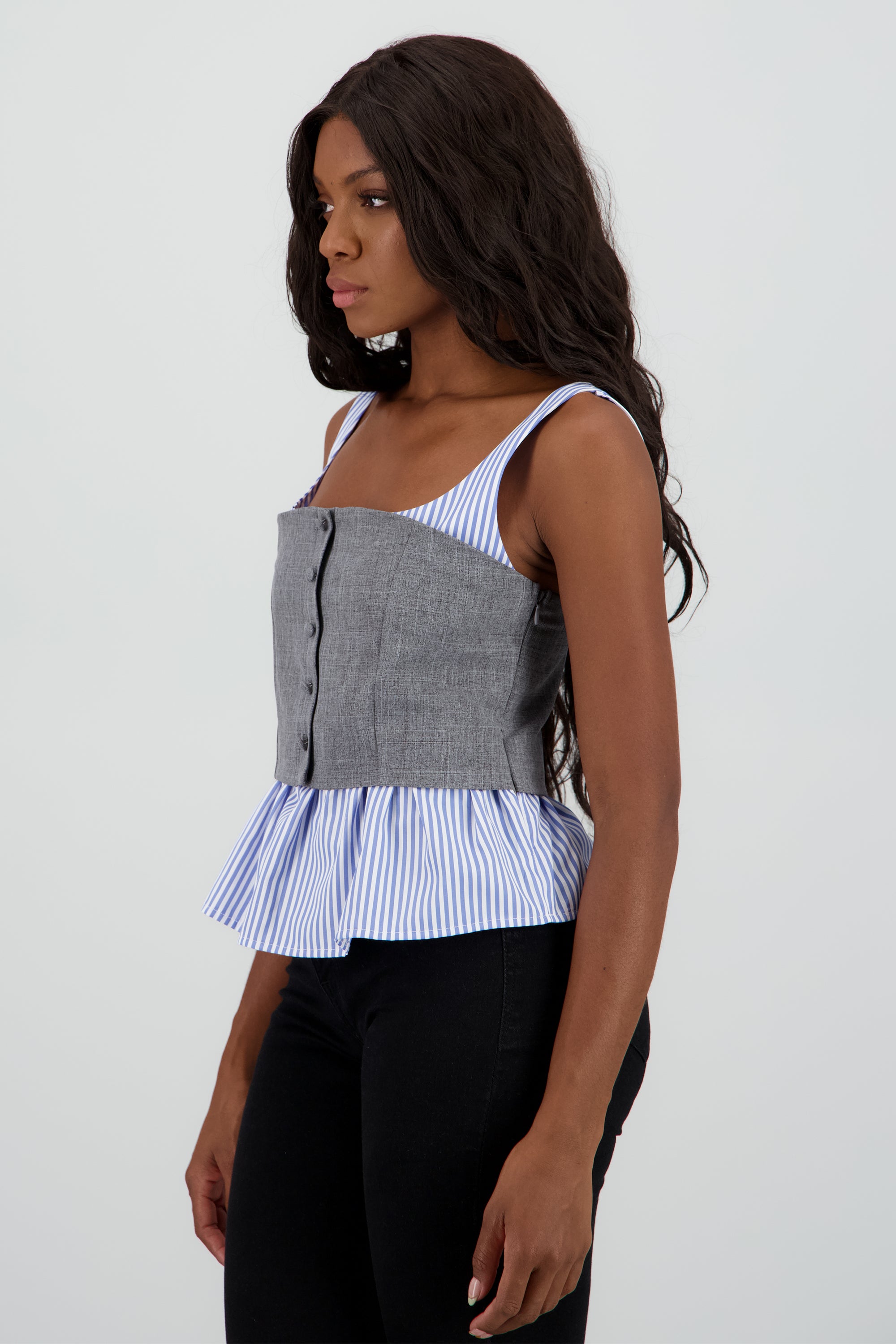 Blusa combinada de tirantes con botones GRIS COMBO