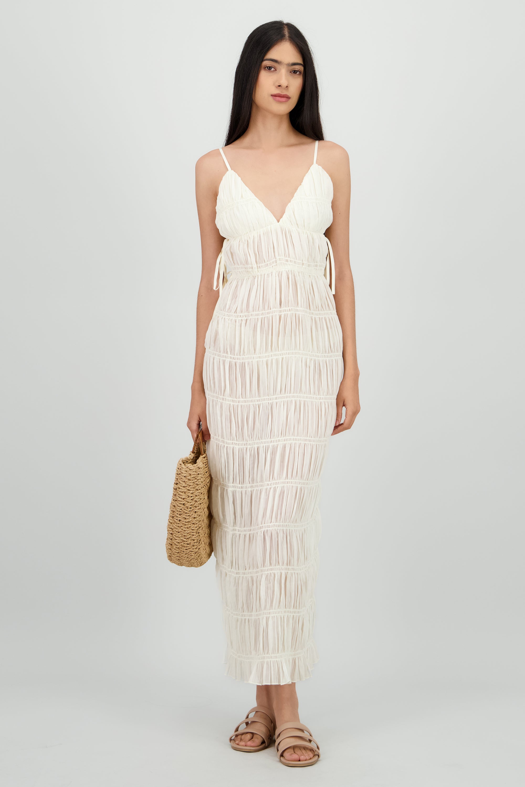Vestido smock tirantes maxi CREMA