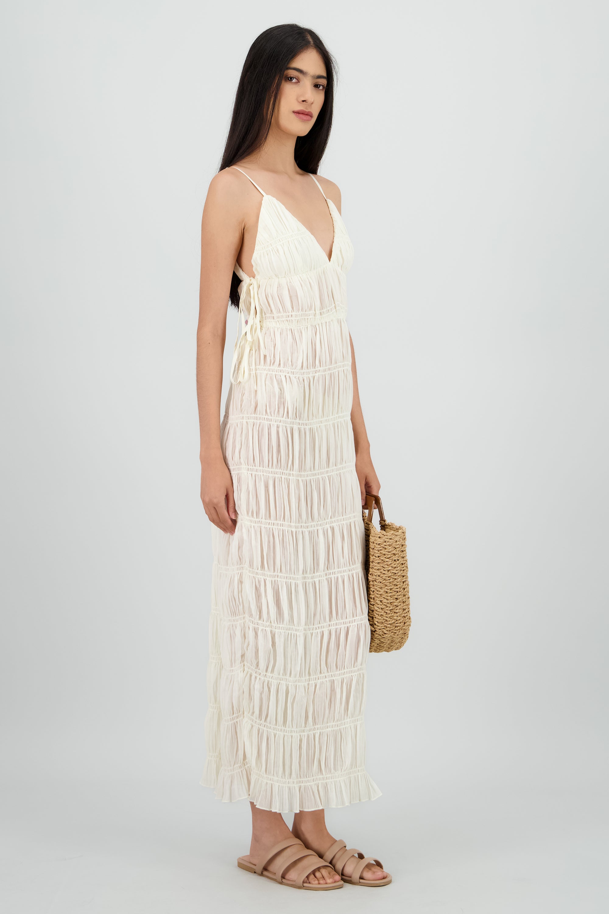 Vestido smock tirantes maxi CREMA