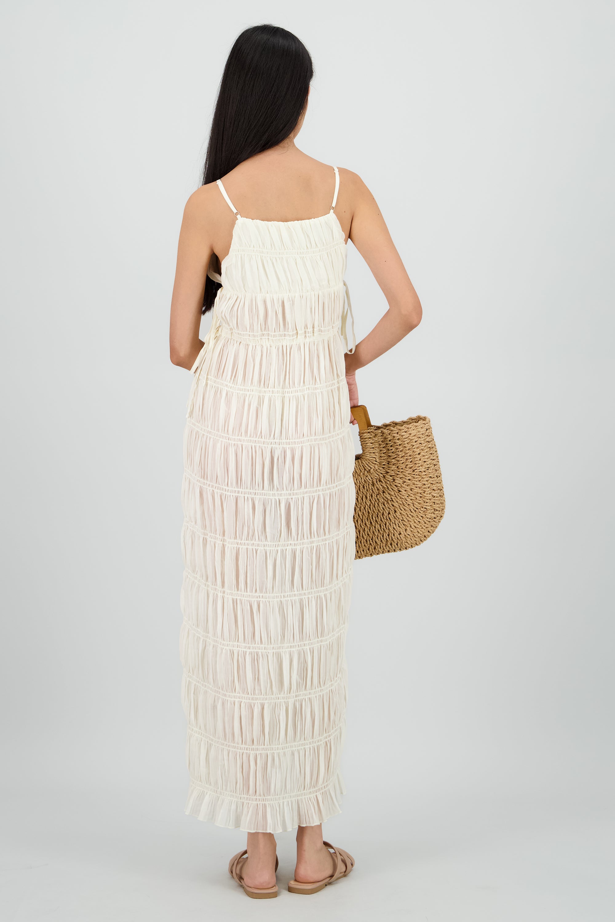 Vestido smock tirantes maxi CREMA