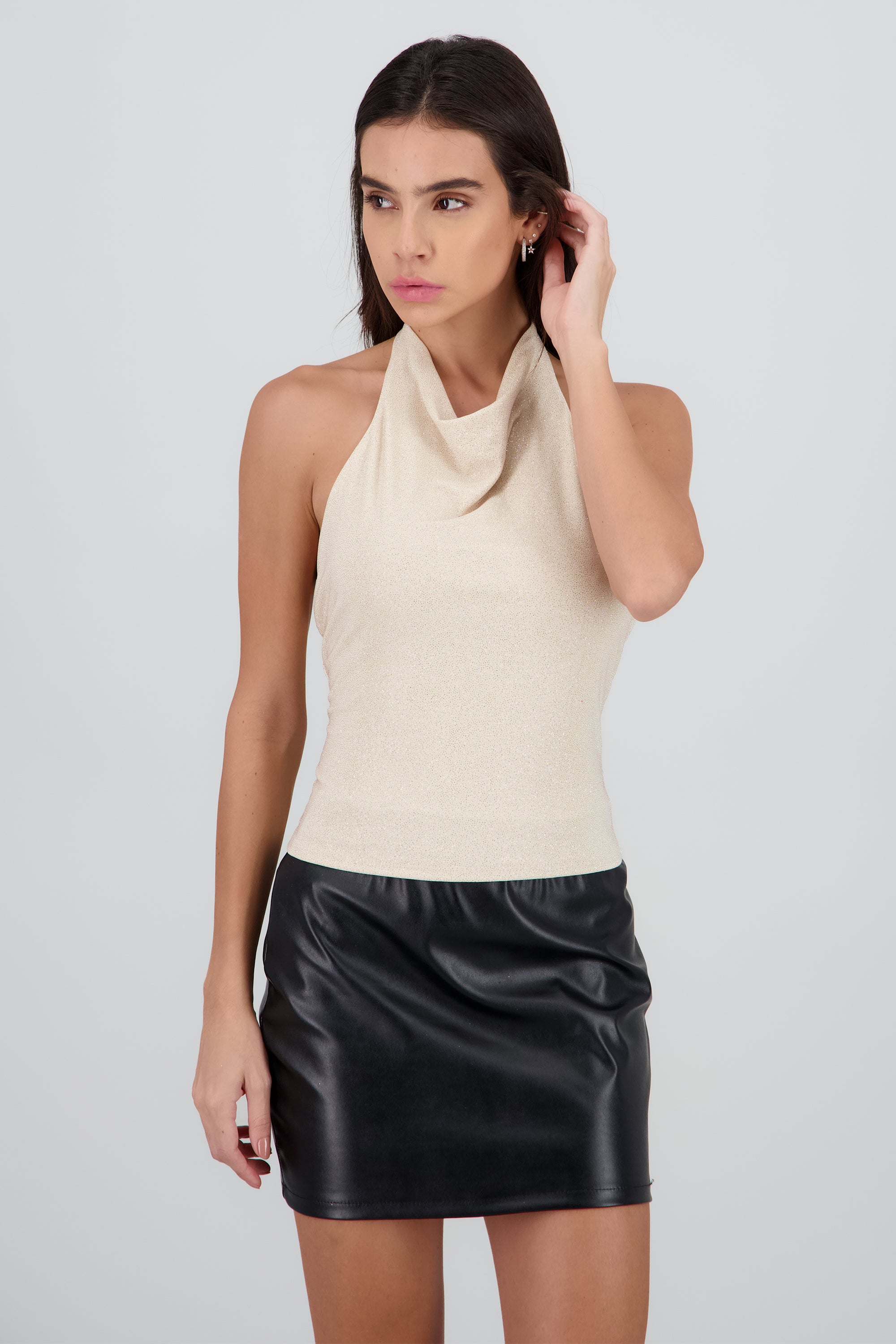 Top halter drapeado brillos BEIGE