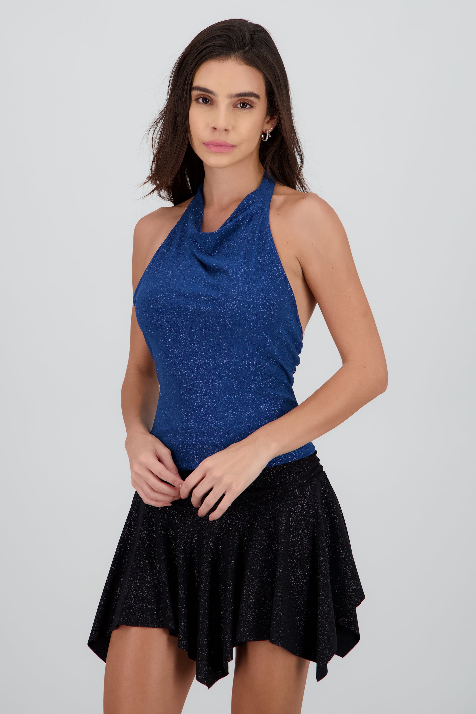 Top halter drapeado brillos AZUL PATO