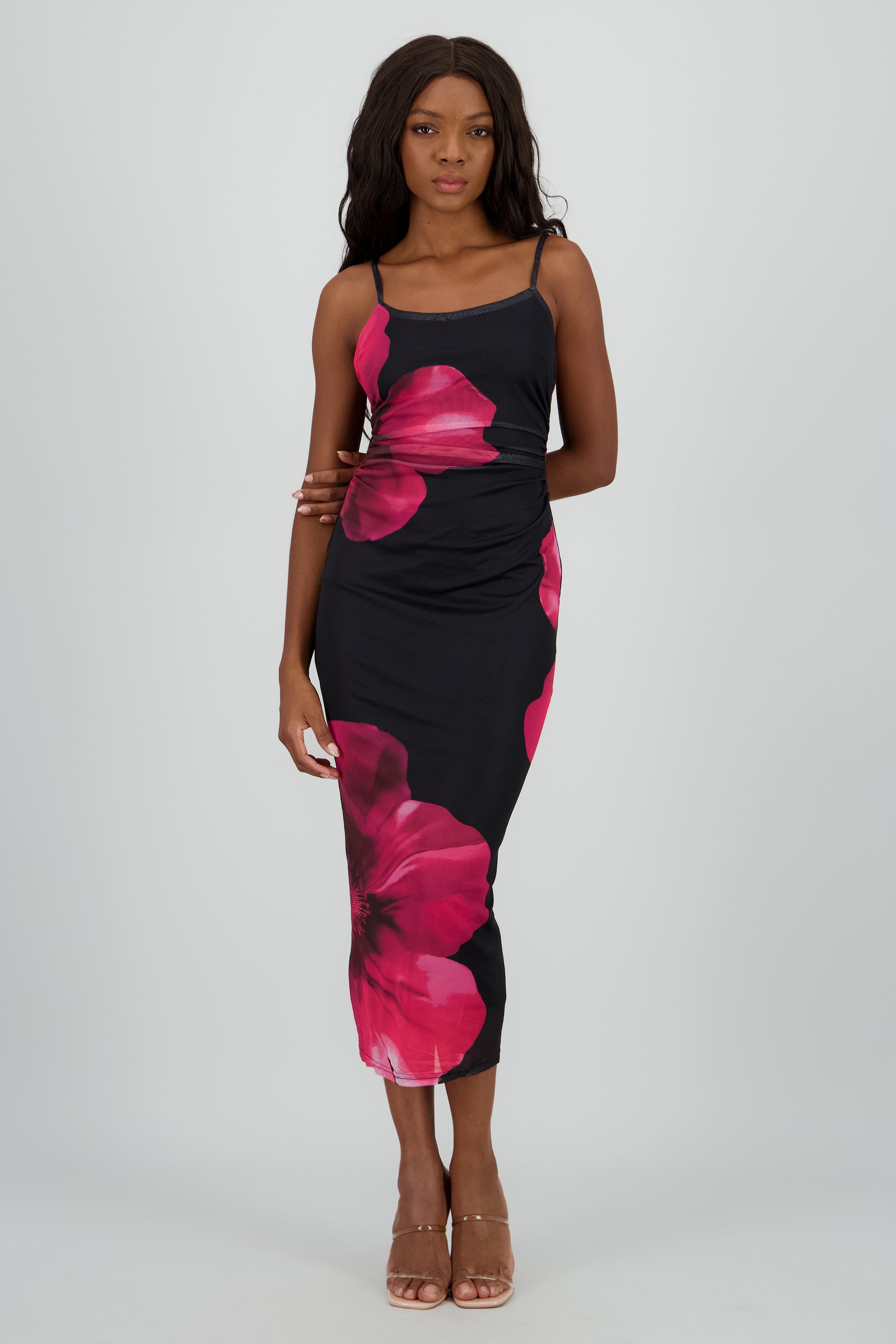 Vestido maxi con flor mesh NEGRO COMBO