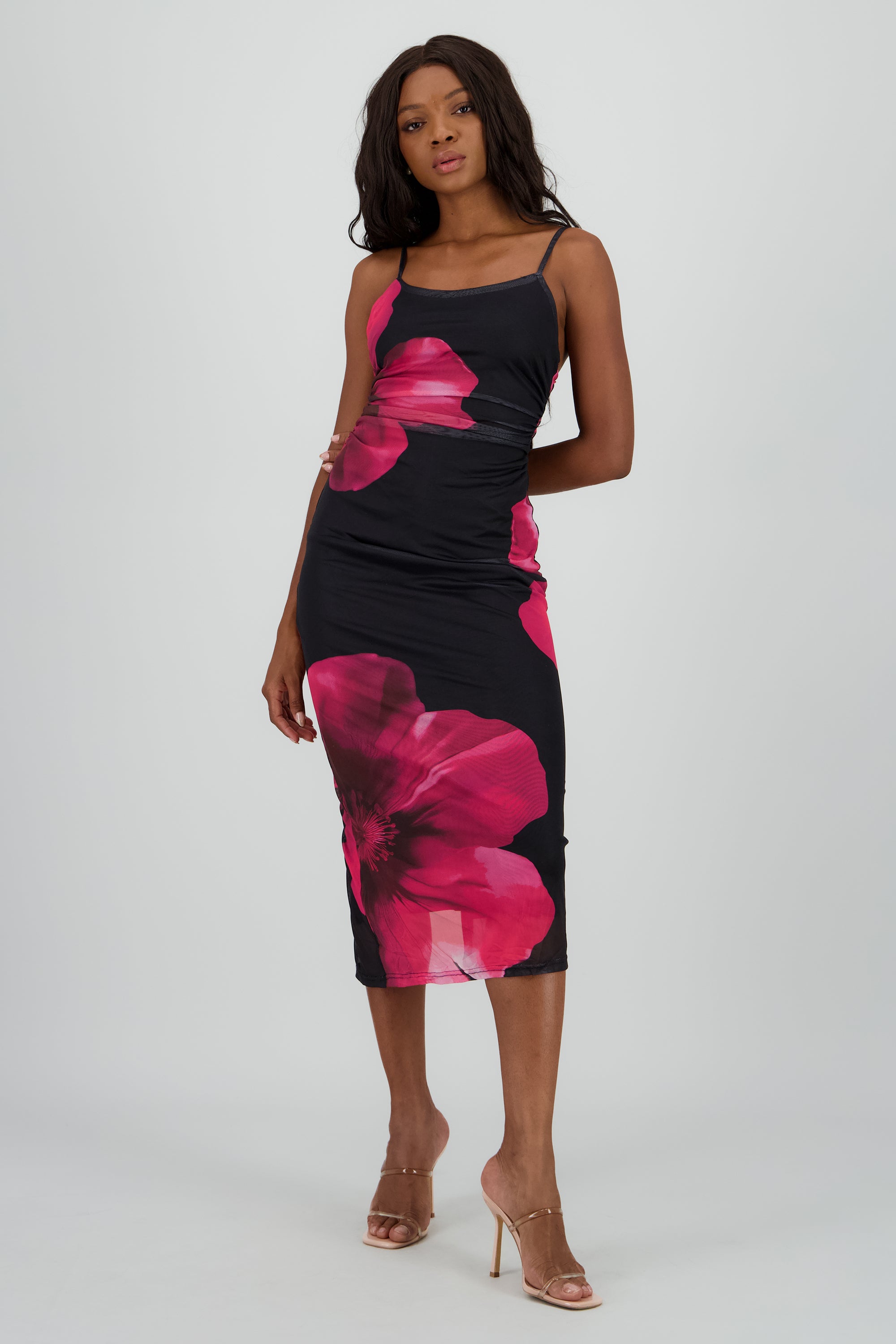 Vestido maxi con flor mesh NEGRO COMBO