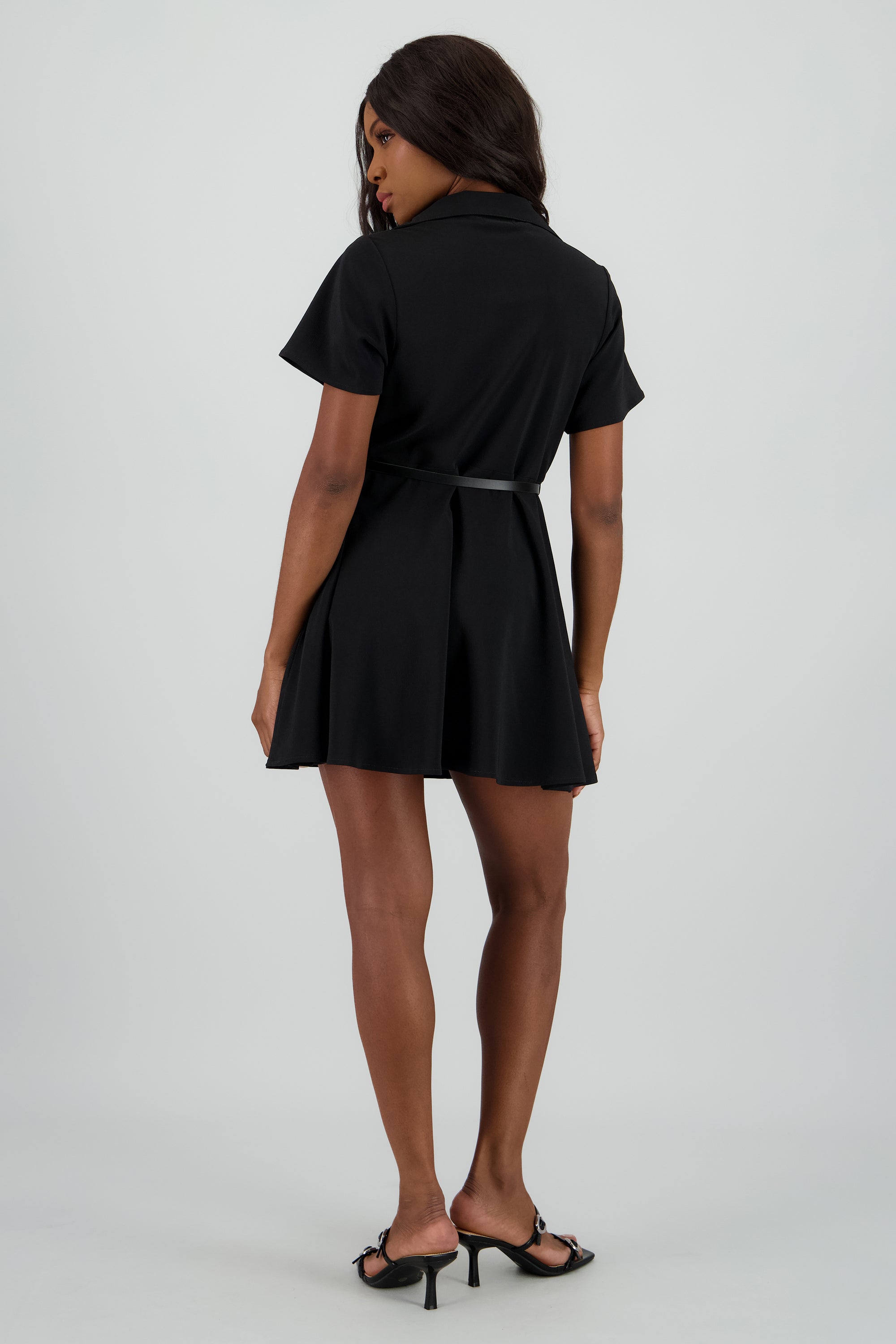 Vestido mini cuello camisero cinturon NEGRO
