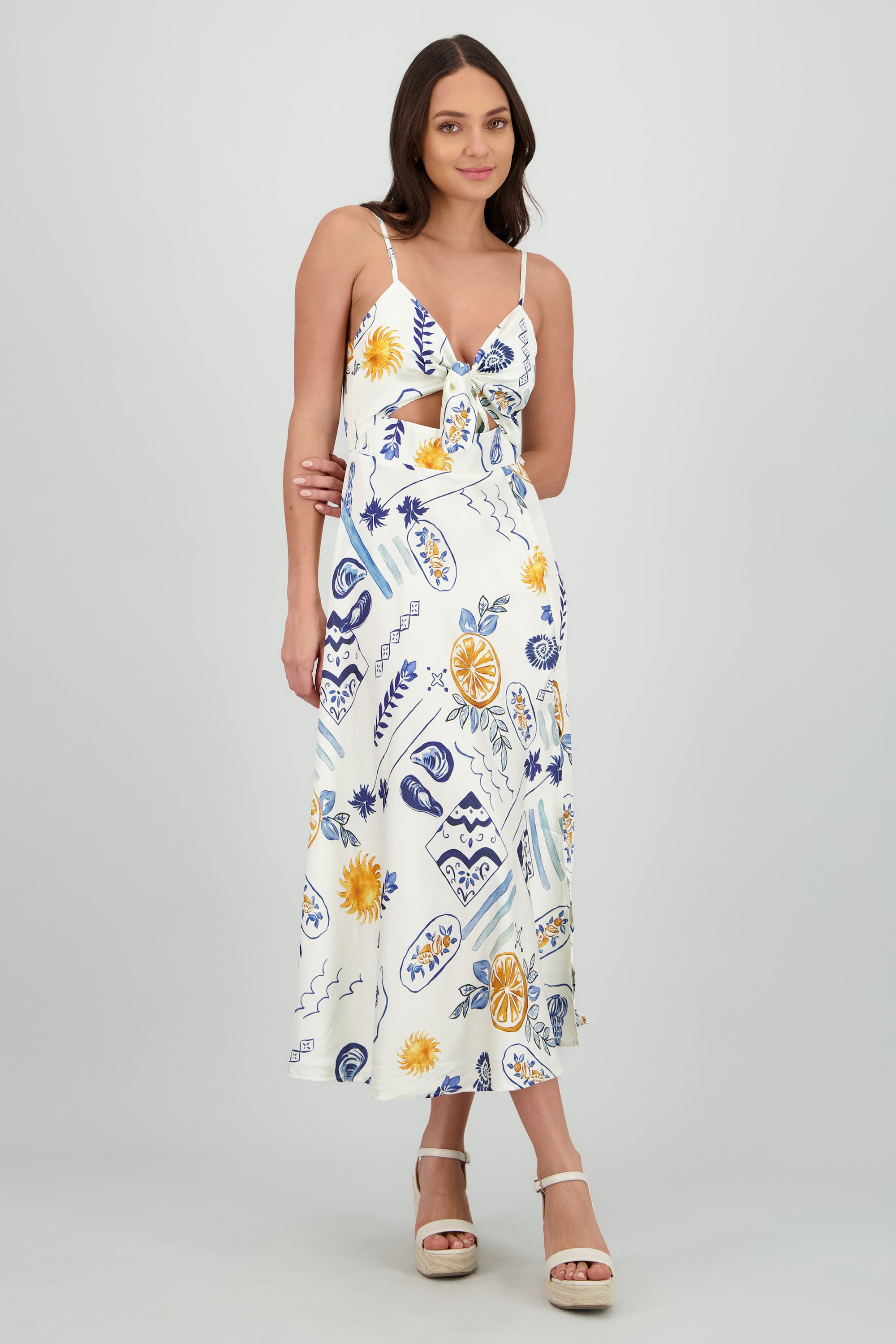 Vestido midi escote nudo estampado BLANCO COMBO