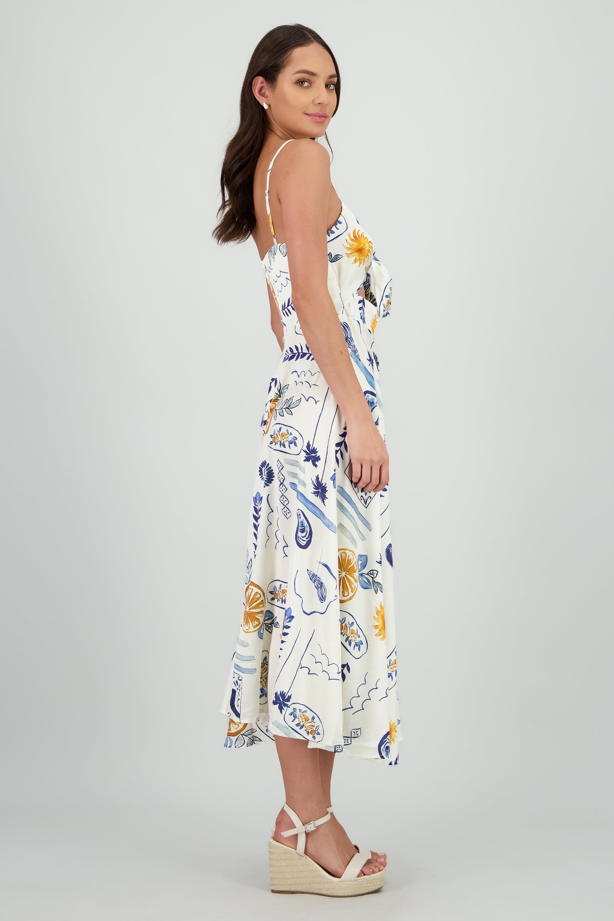 Vestido midi escote nudo estampado BLANCO COMBO