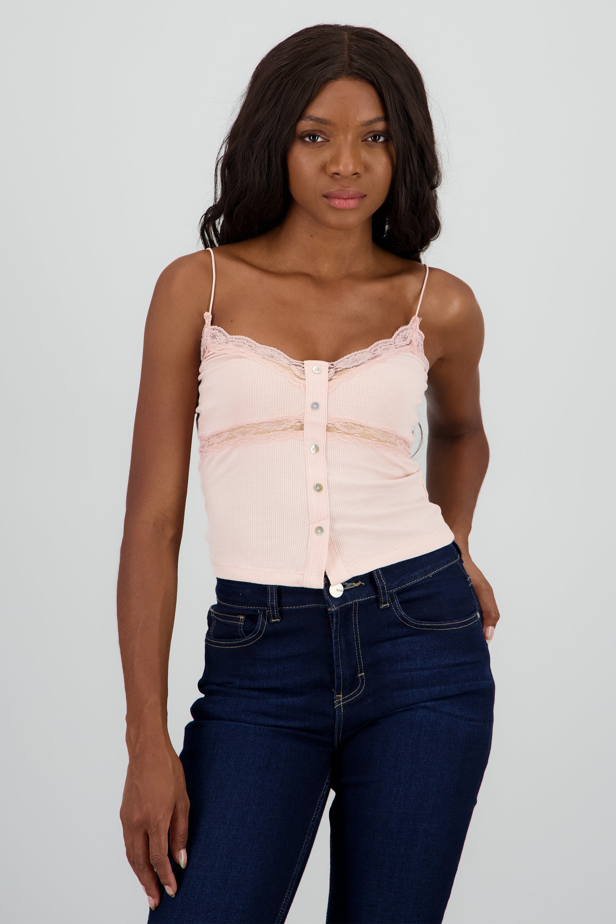Top tirantes detalle encaje botones ROSA